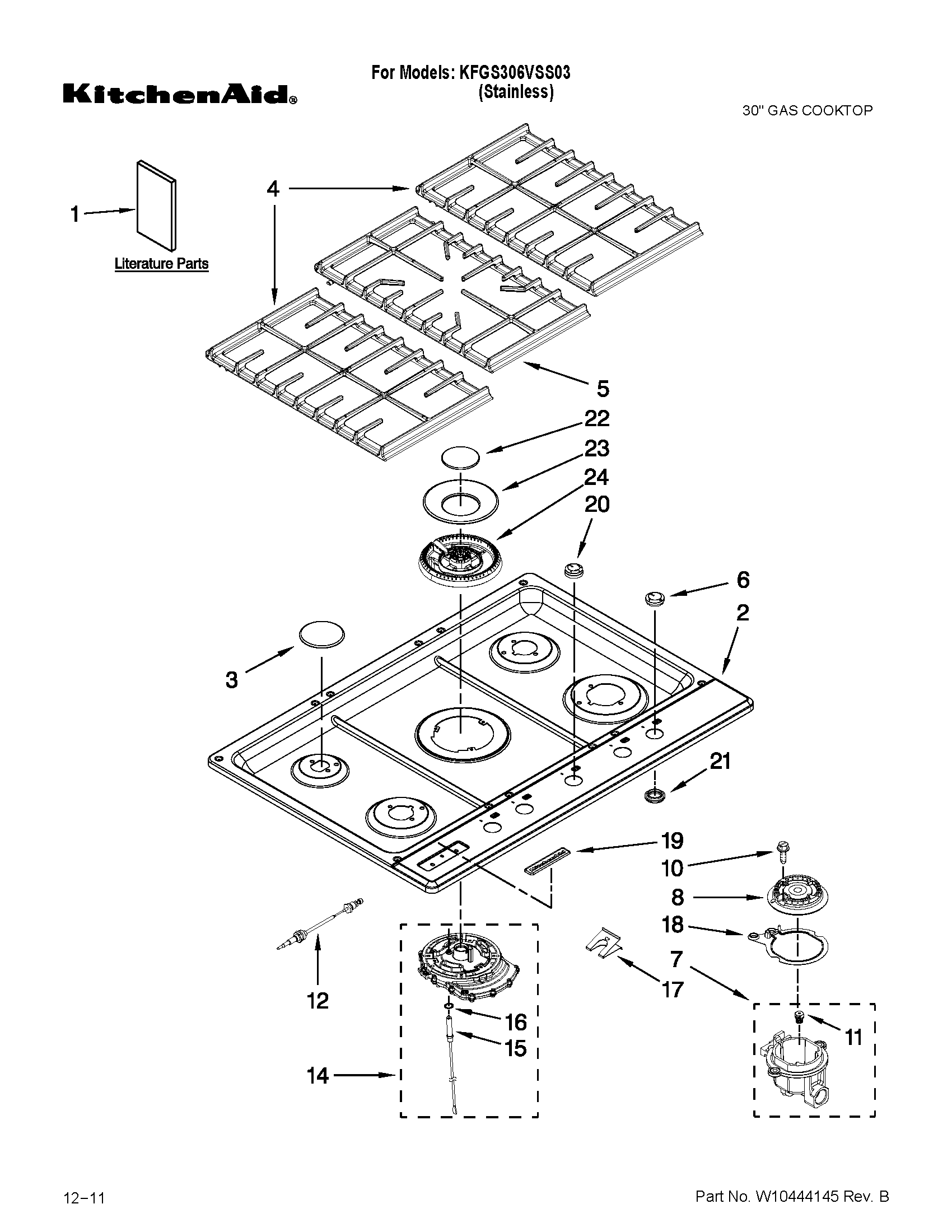Cooktop, burner and grate parts