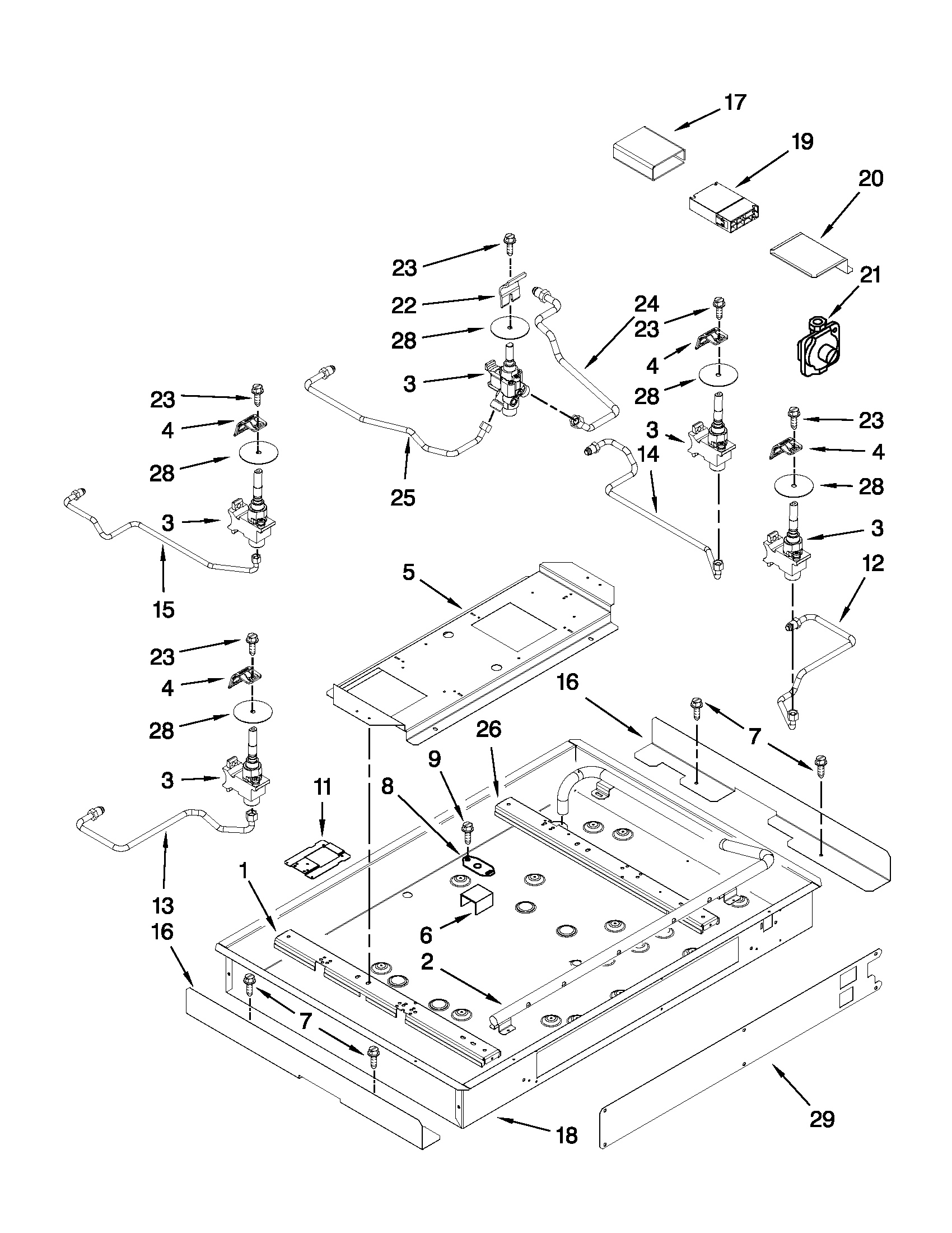 Burner box, gas valves, and switches