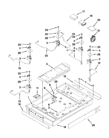 Burner box, gas valves, and switches