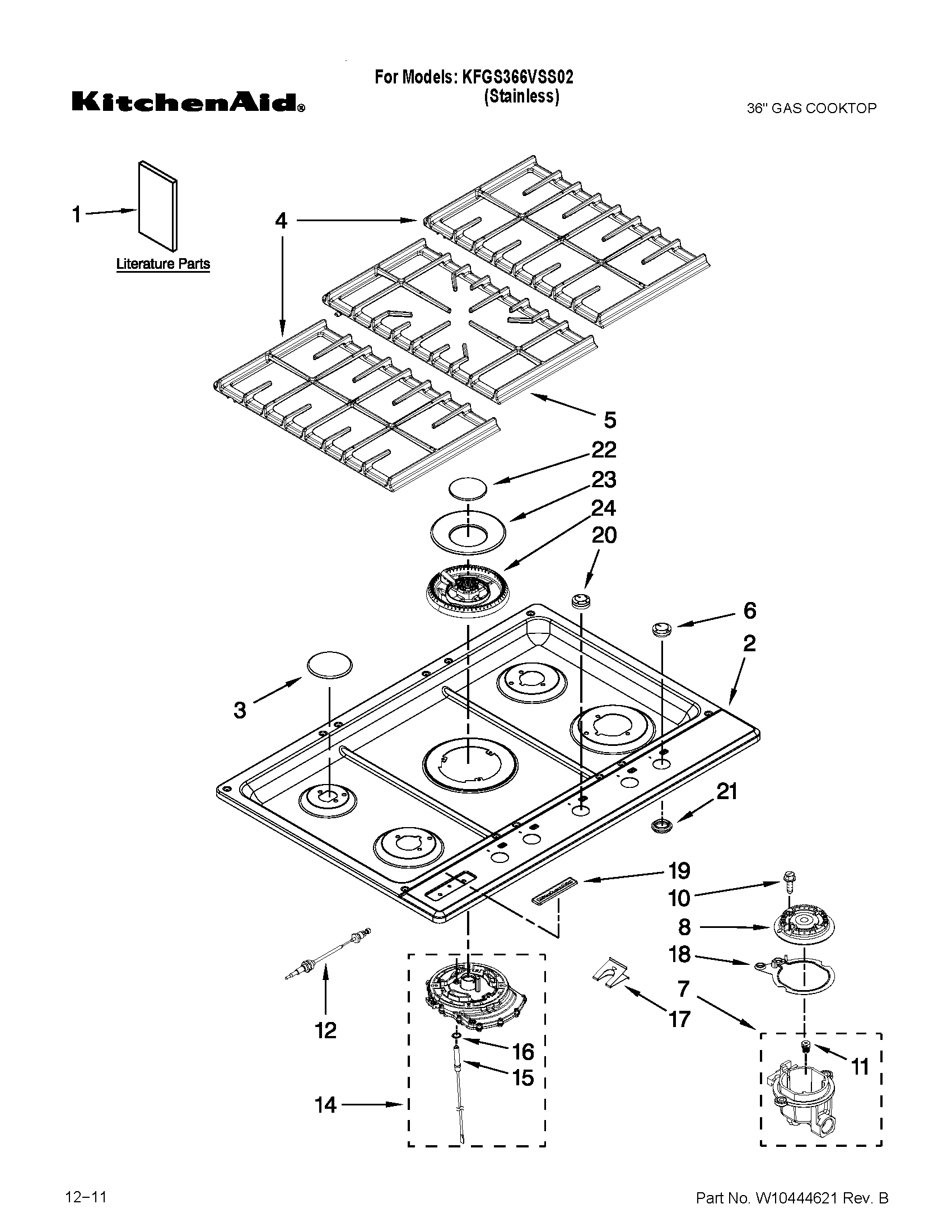 Cooktop, burner and grate parts