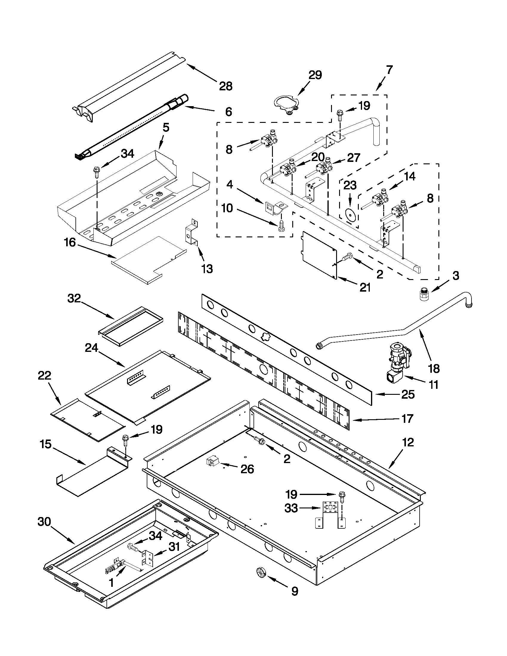 Burner box, gas valves, and switches