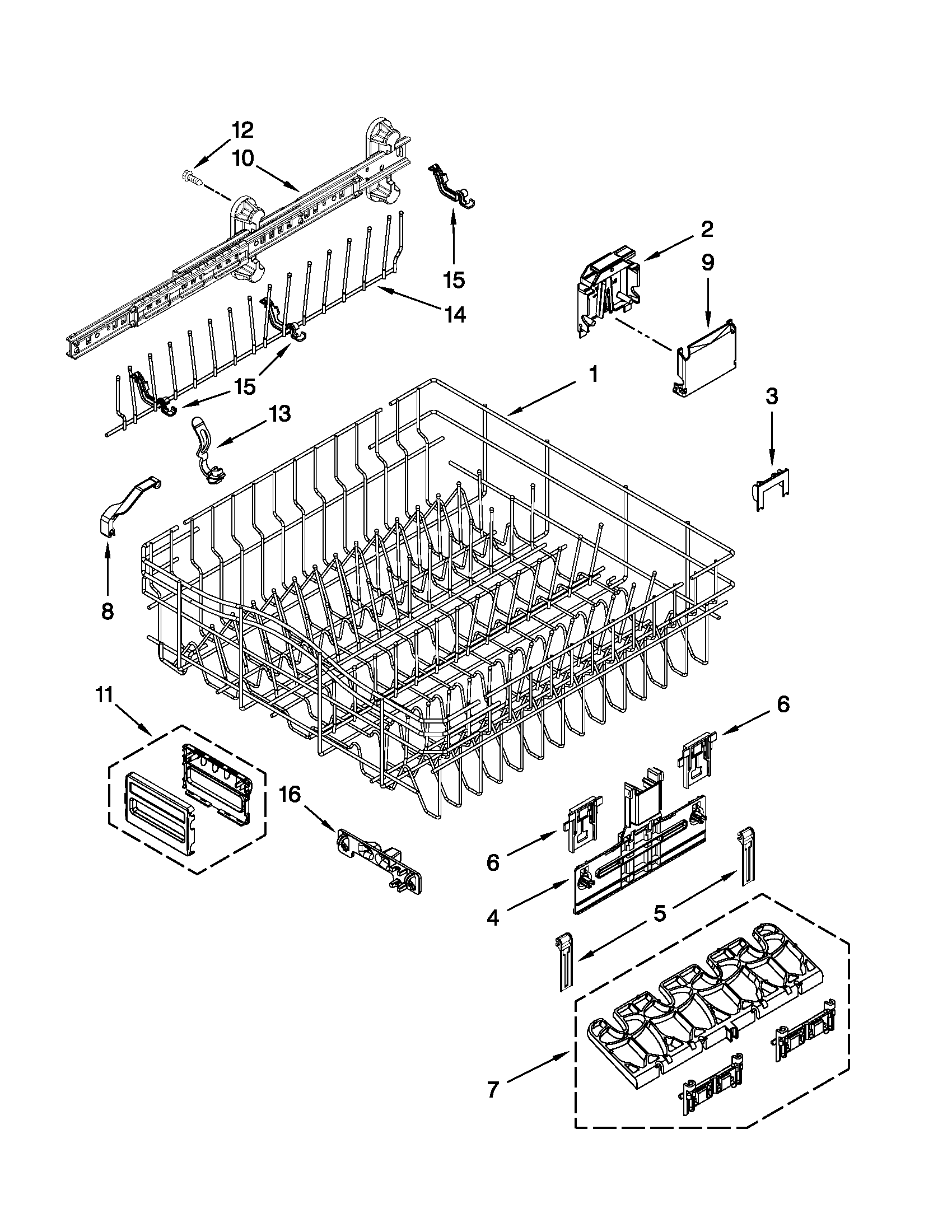 Upper rack and track parts