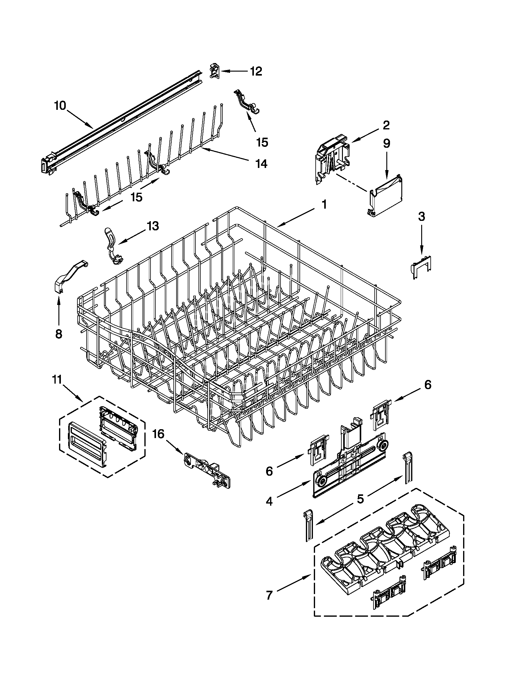 Upper rack and track parts