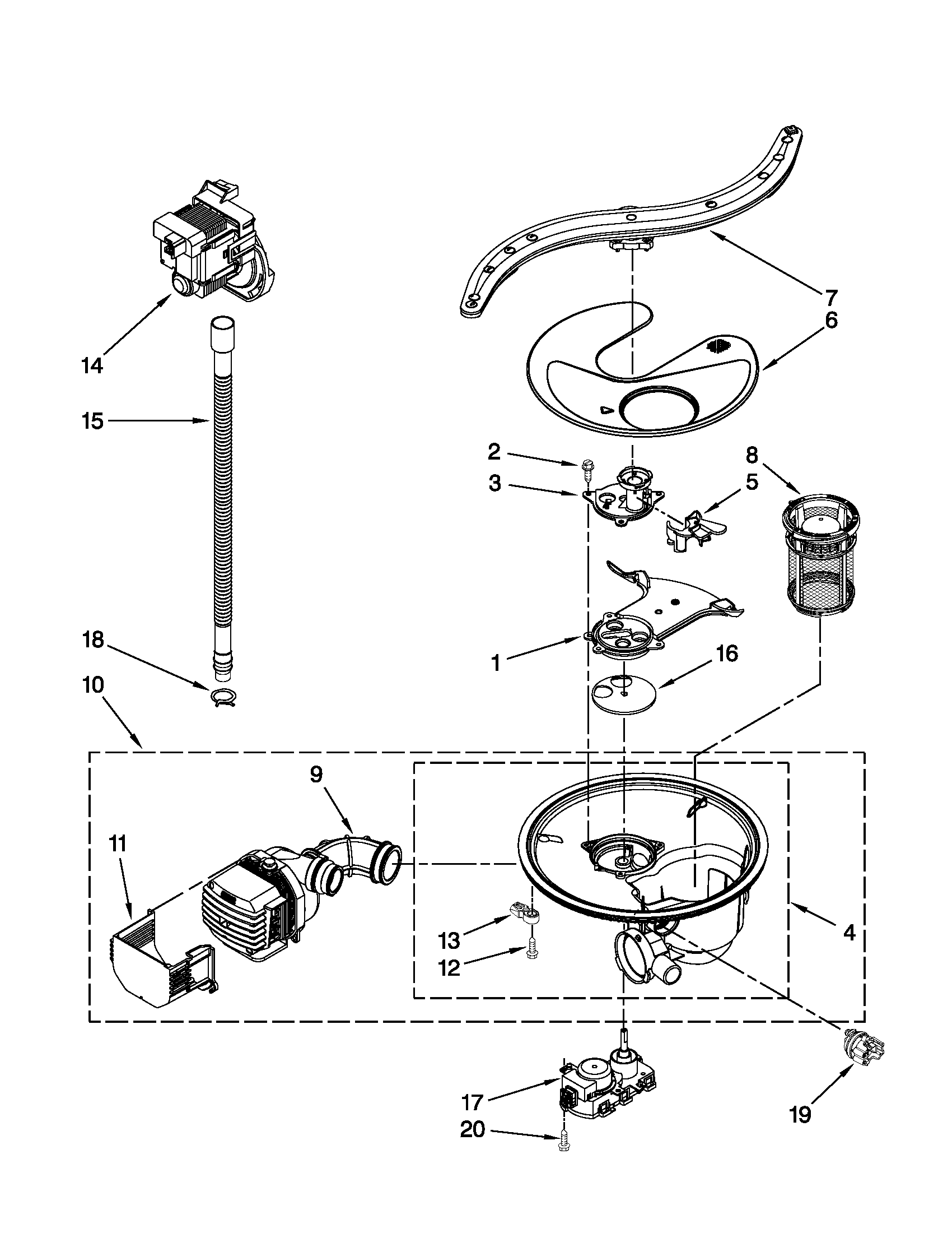 Pump, washarm and motor parts