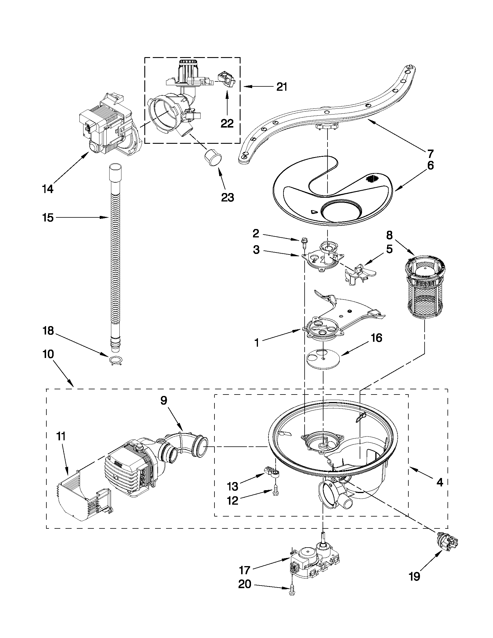 Pump, washarm and motor parts