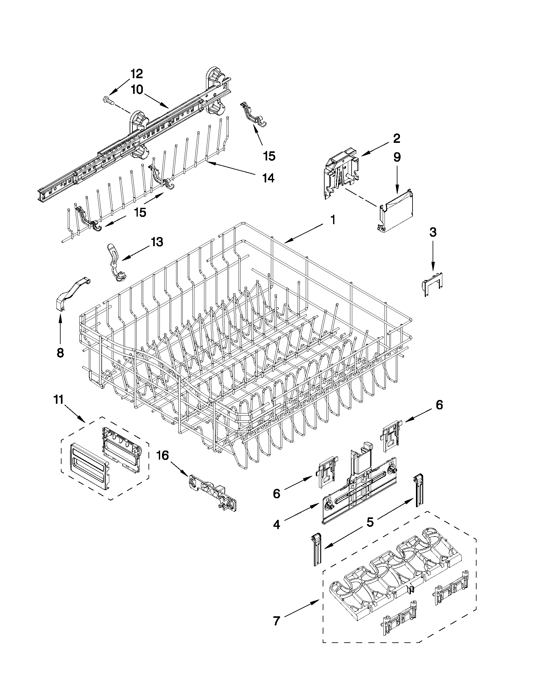 Upper rack and track parts