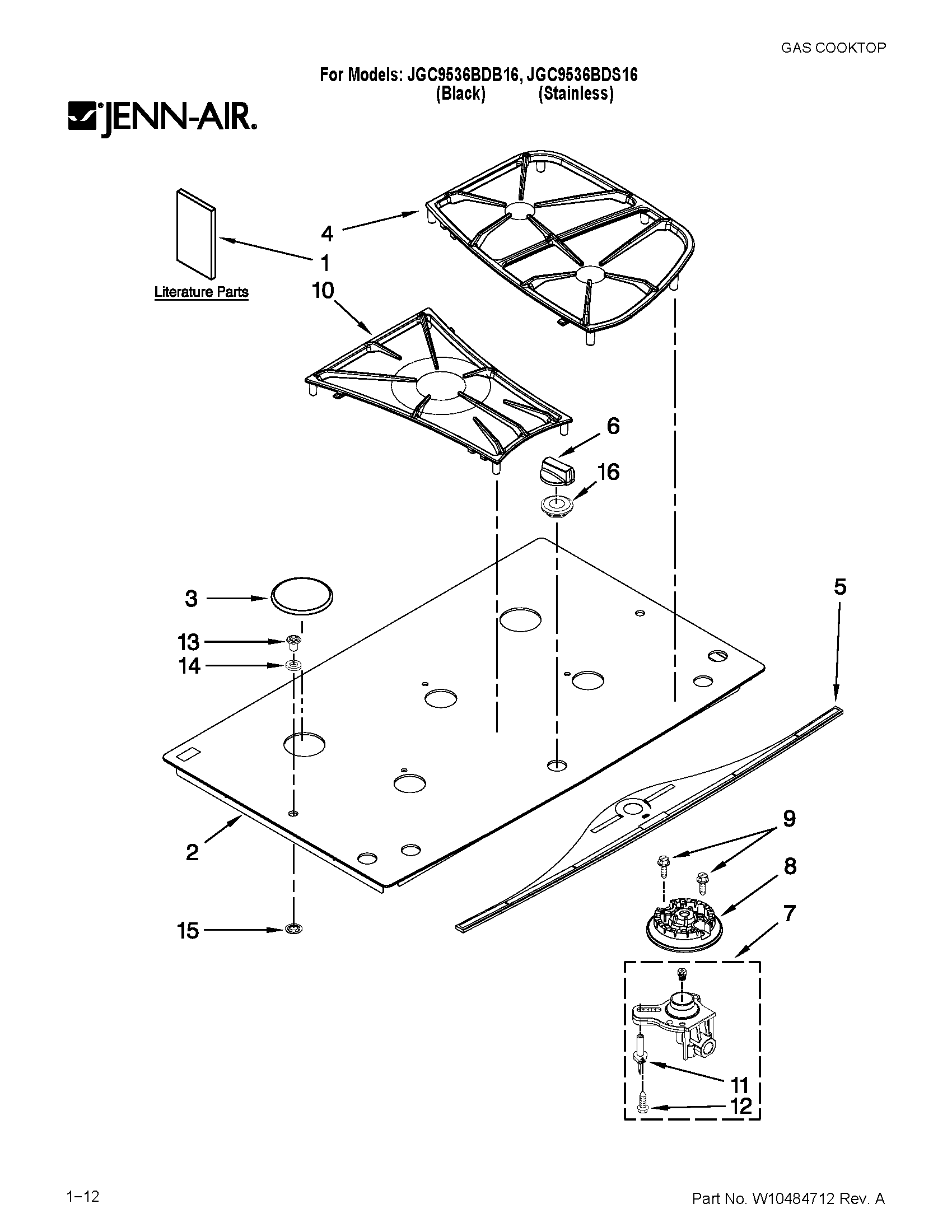 Cooktop, burner and grate parts