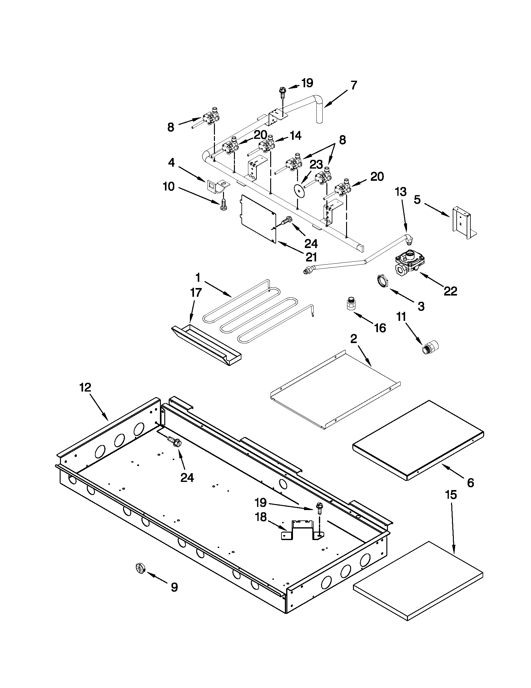 Burner box, gas valves, and switches
