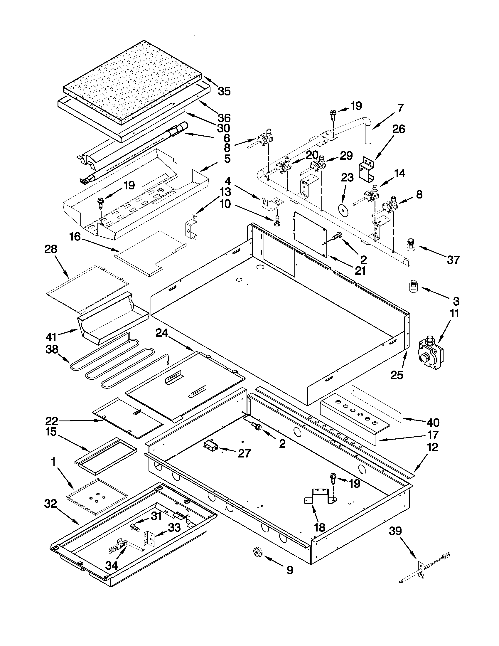 Burner box, gas valves, and switches