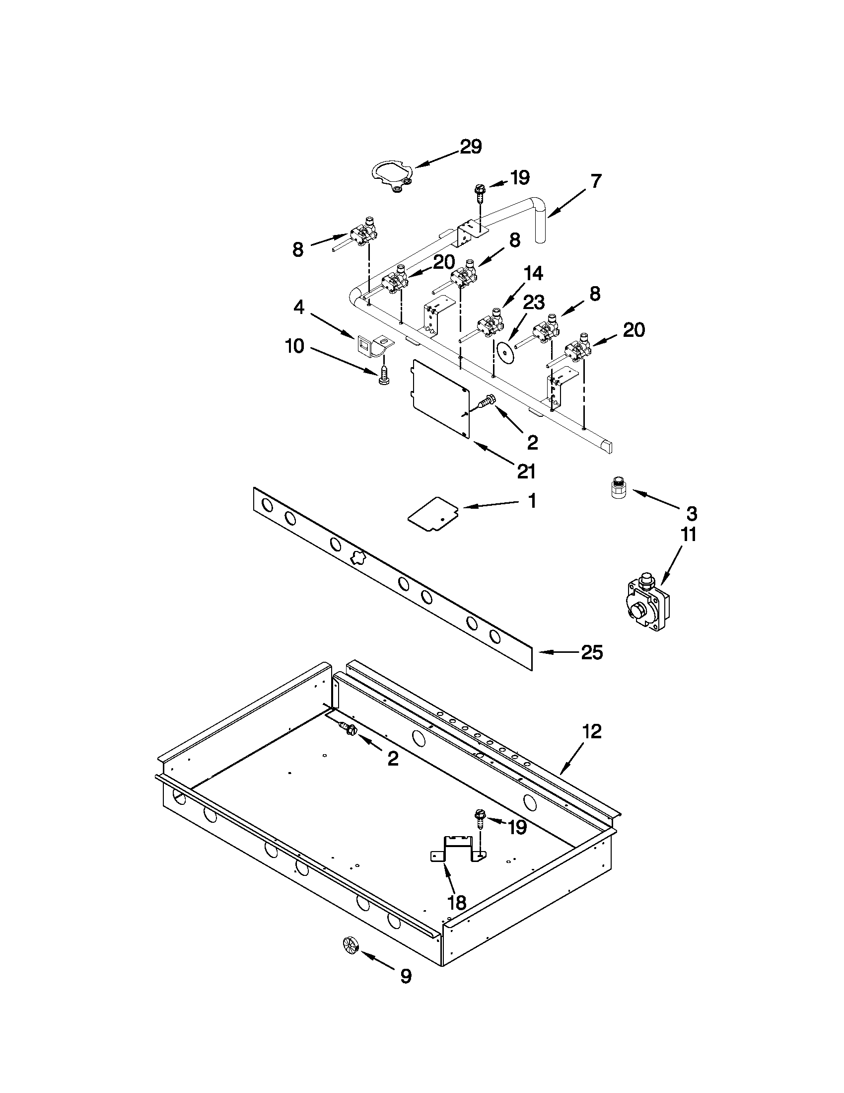 Burner box, gas valves, and switches