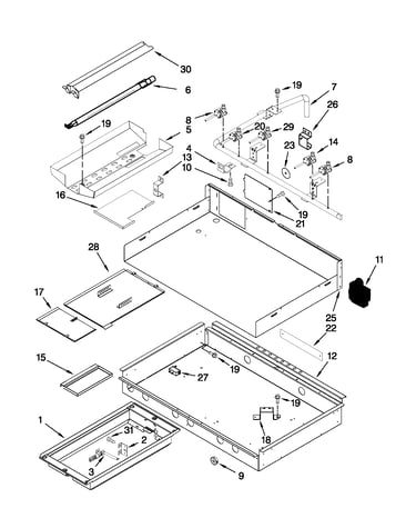 Burner box, gas valves, and switches