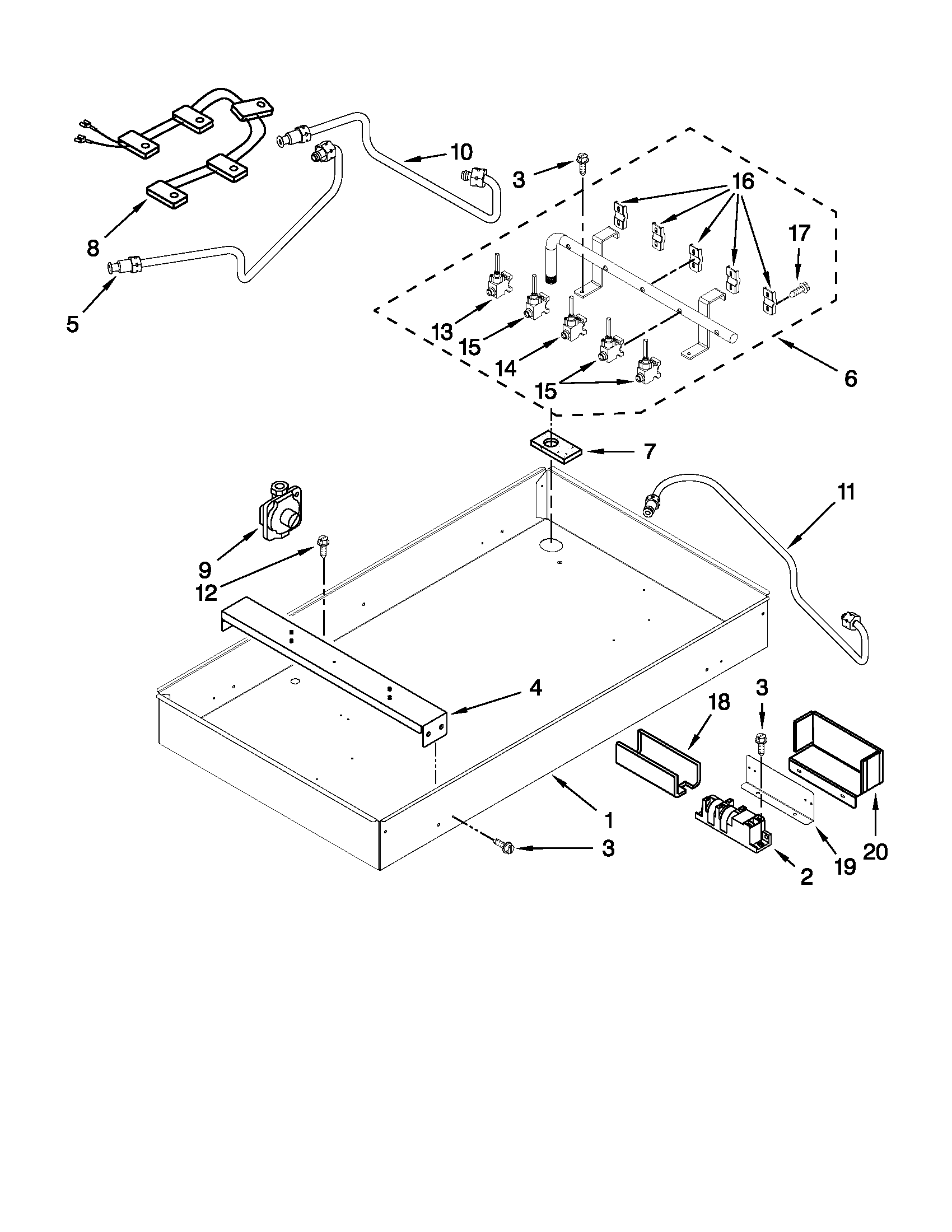 BURNER BOX, GAS VALVES, AND SWITCHES