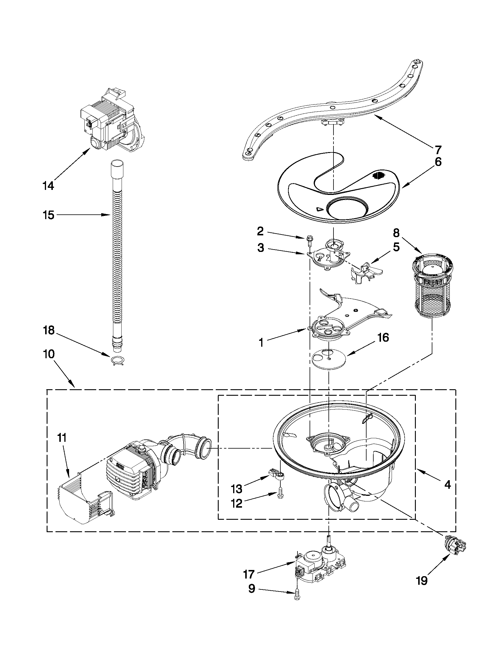 Pump, washarm and motor parts