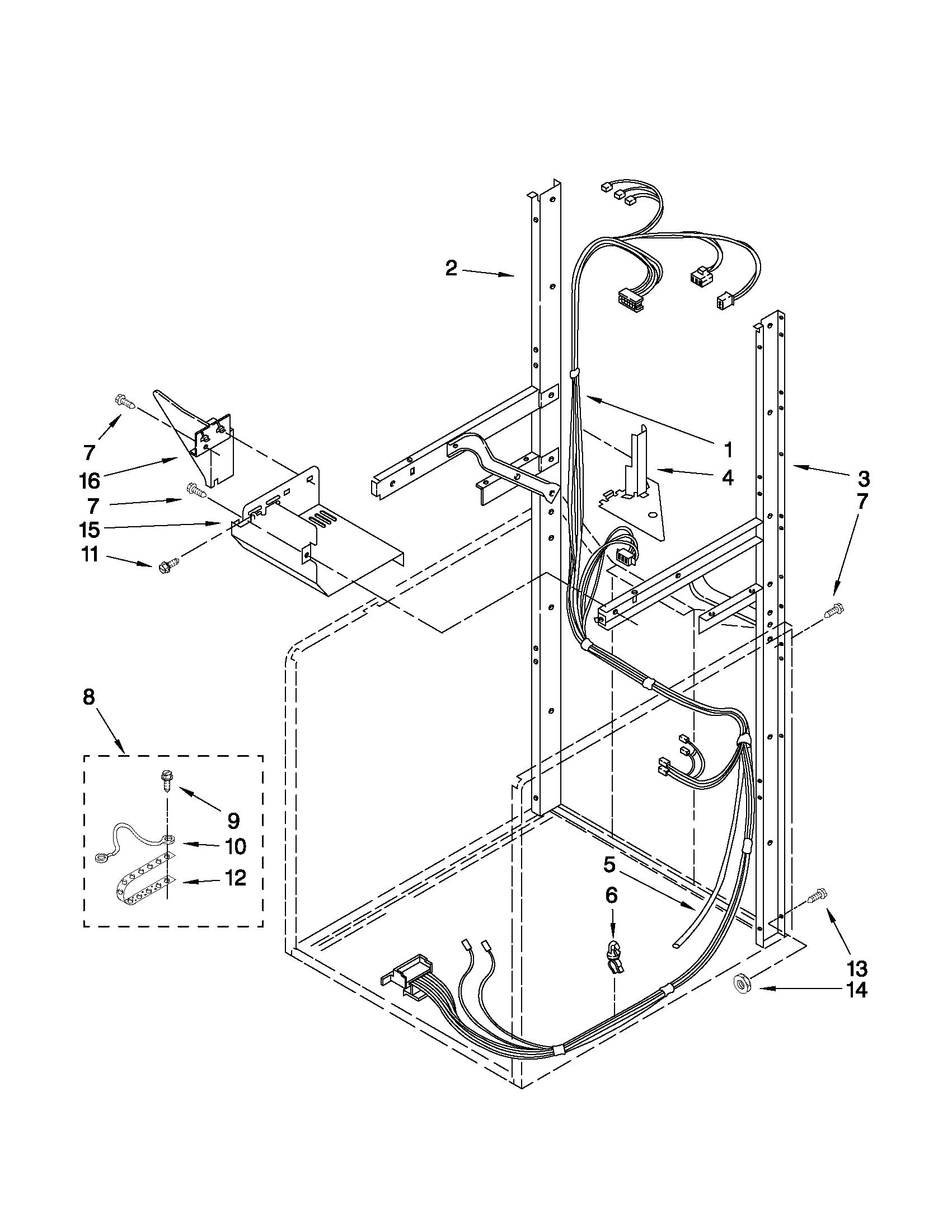 Dryer support and washer harness parts