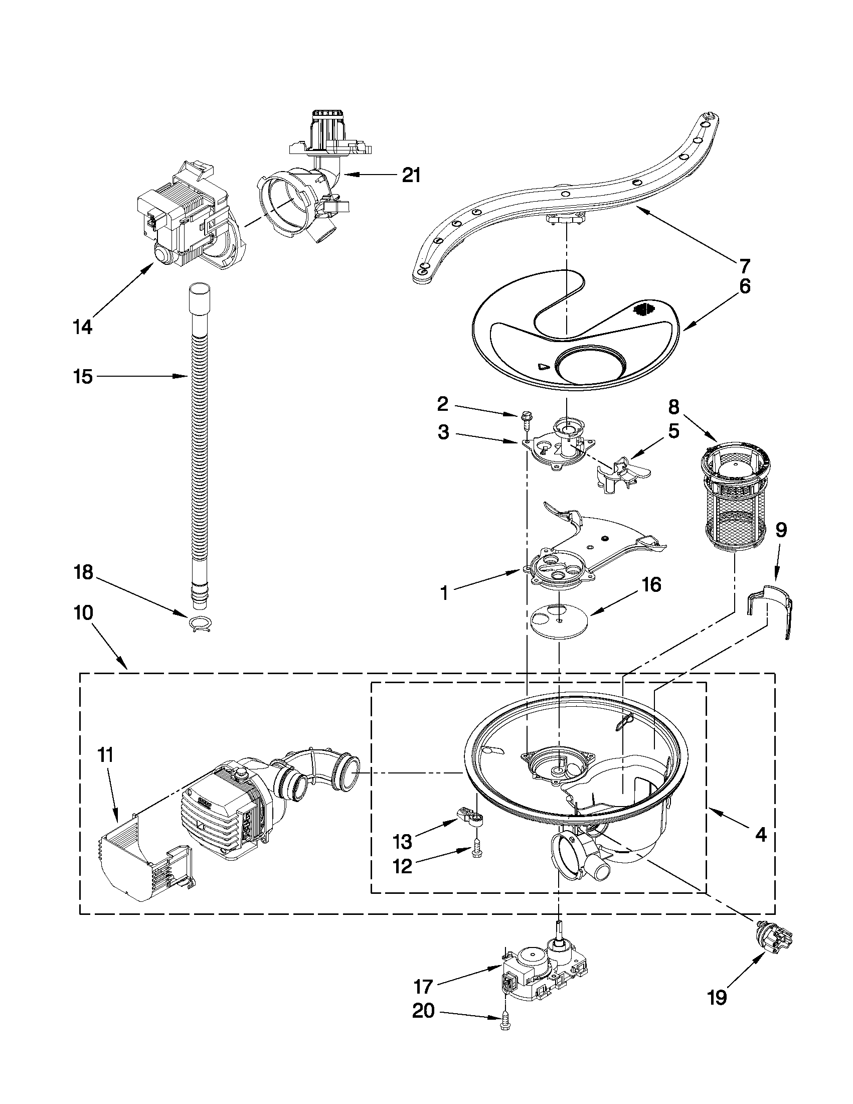 Pump, washarm and motor parts