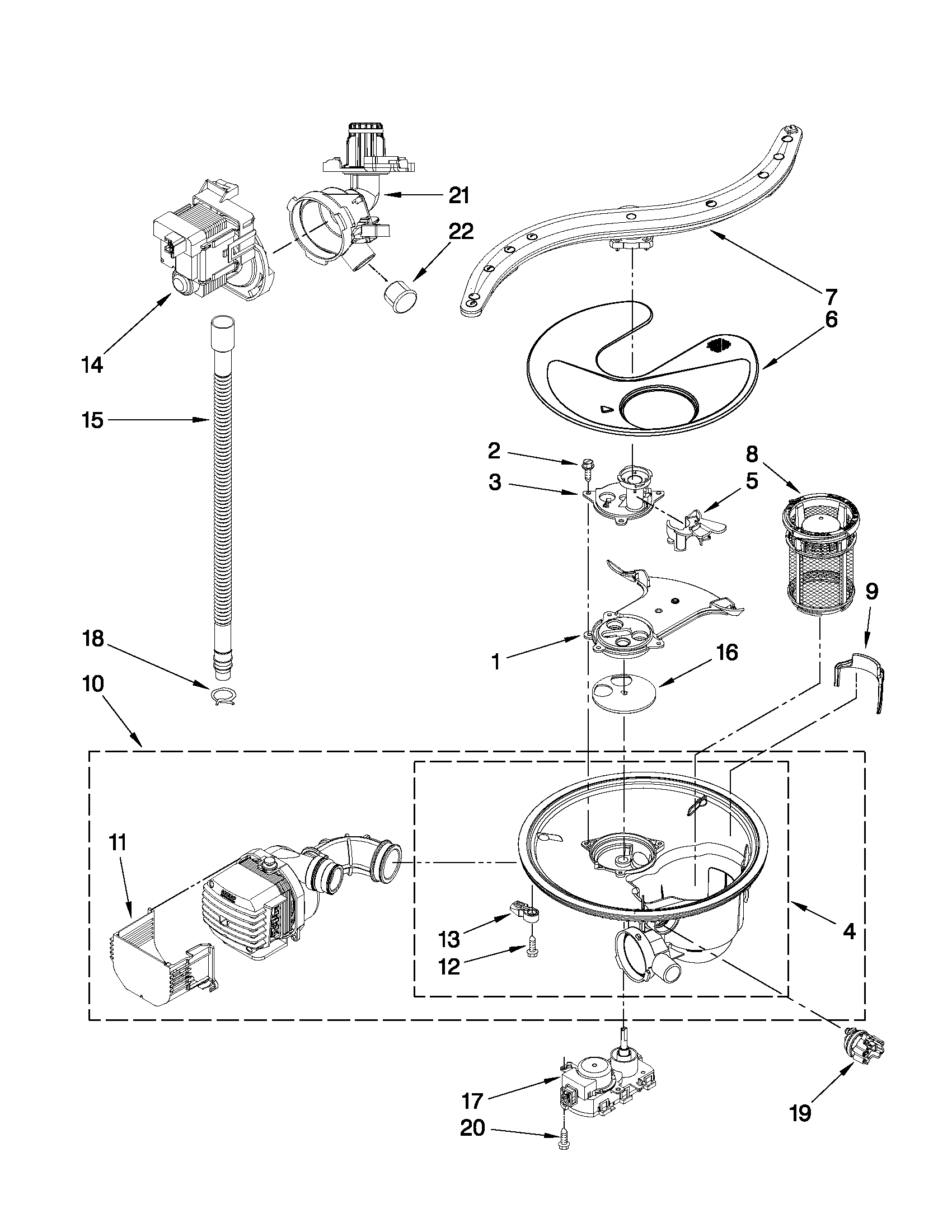 Pump, washarm and motor parts
