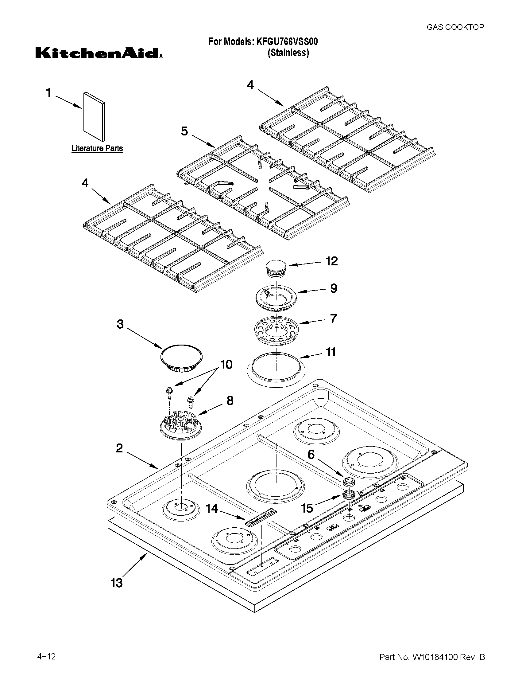 Cooktop, burner and grate parts