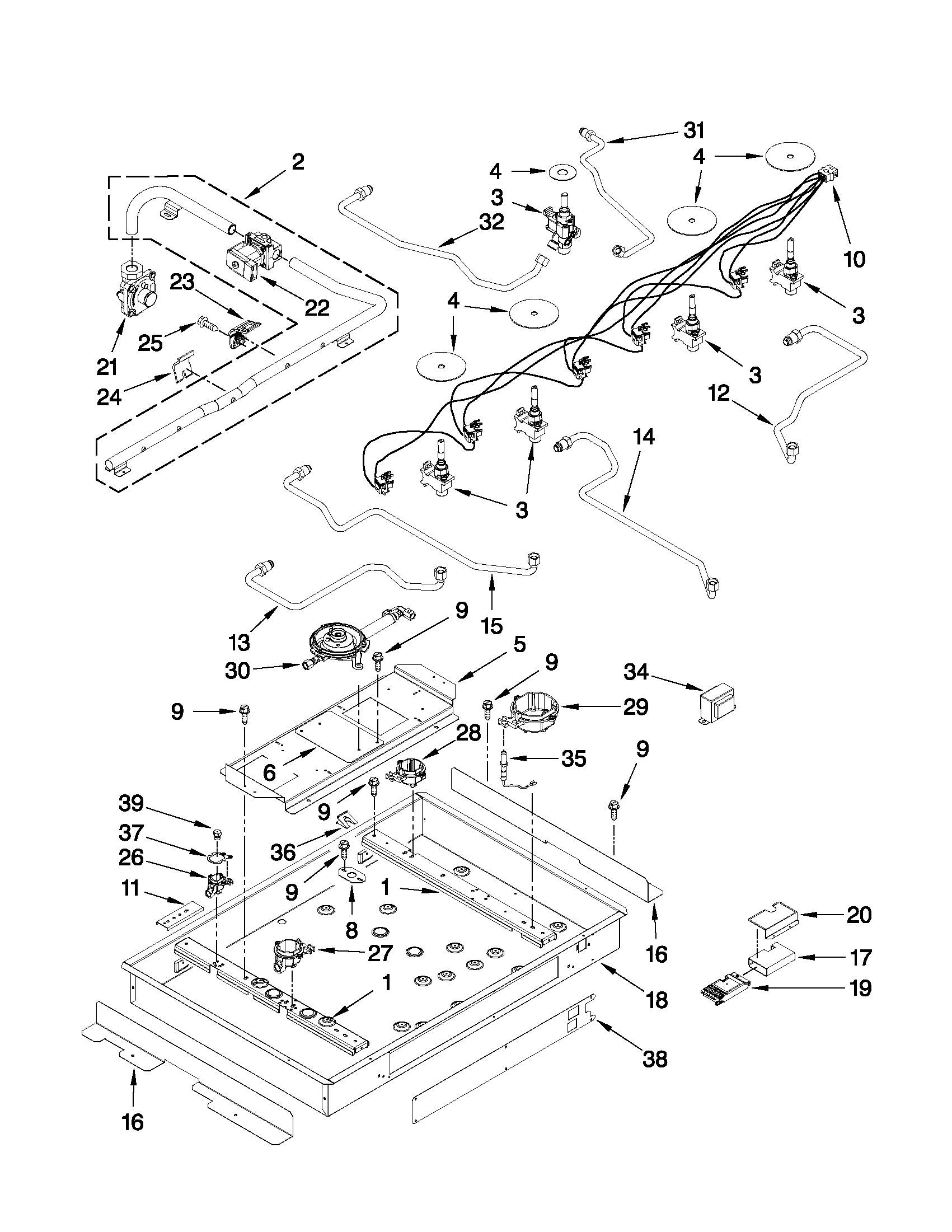 Burner box, gas valves, and switches