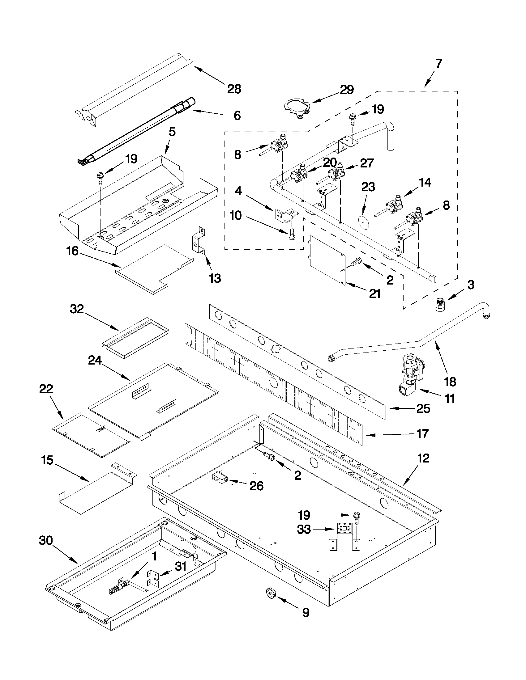 BURNER BOX, GAS VALVES, AND SWITCHES