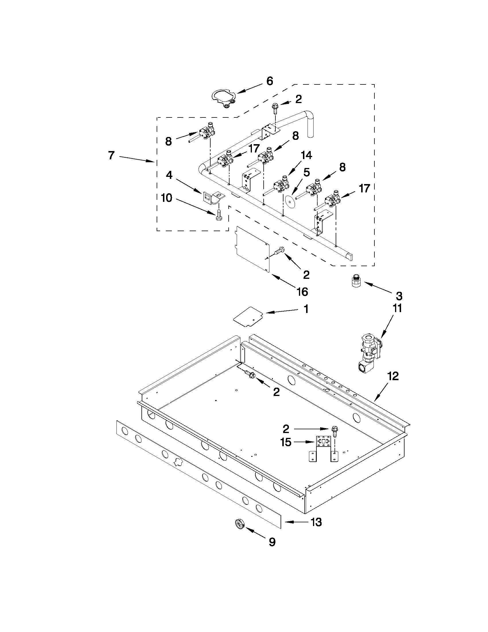 BURNER BOX, GAS VALVES, AND SWITCHES