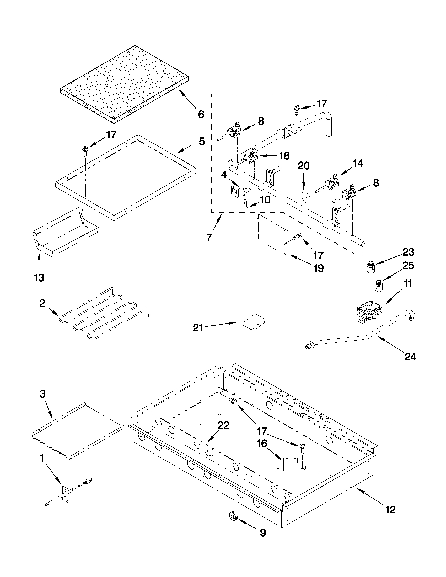 BURNER BOX, GAS VALVES, AND SWITCHES