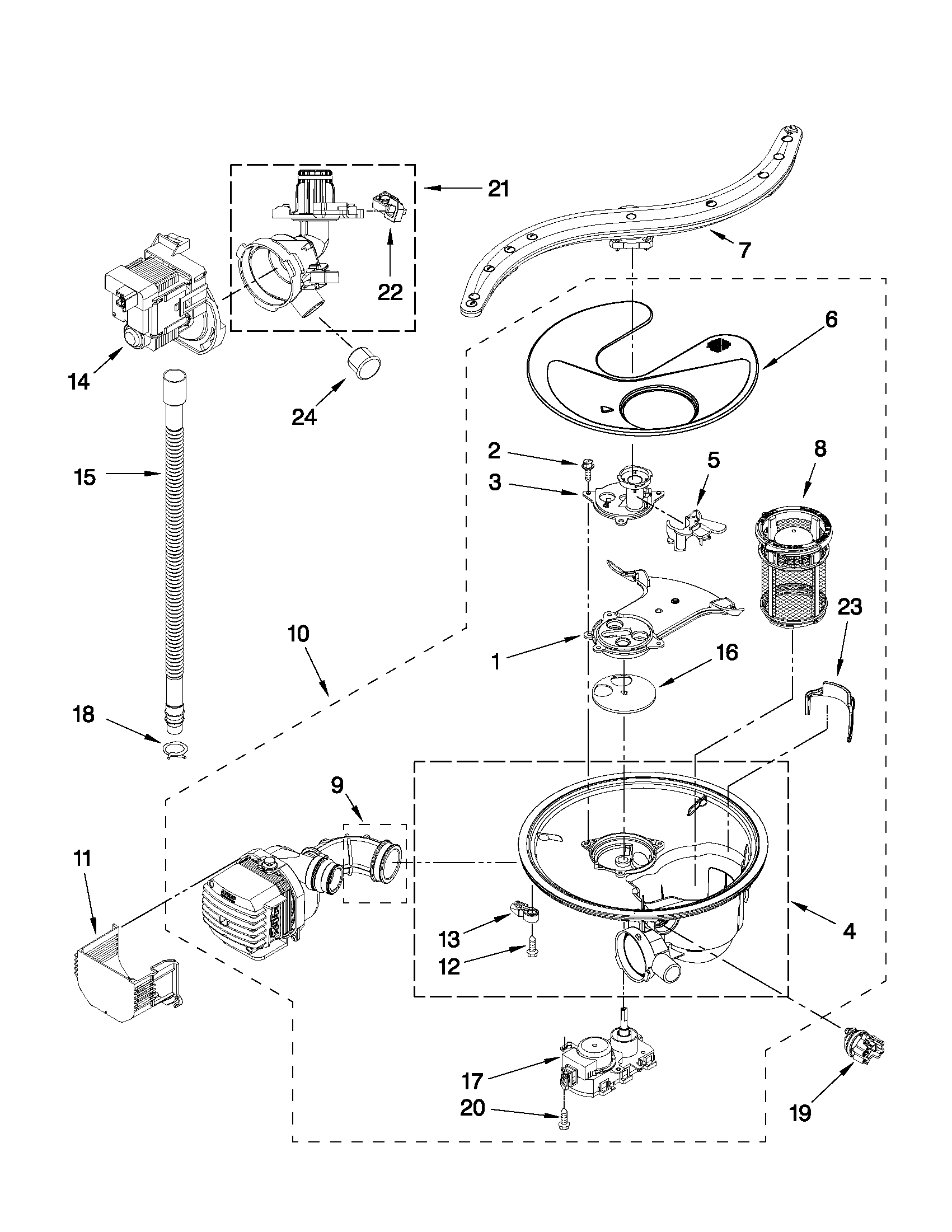 Pump, washarm and motor parts