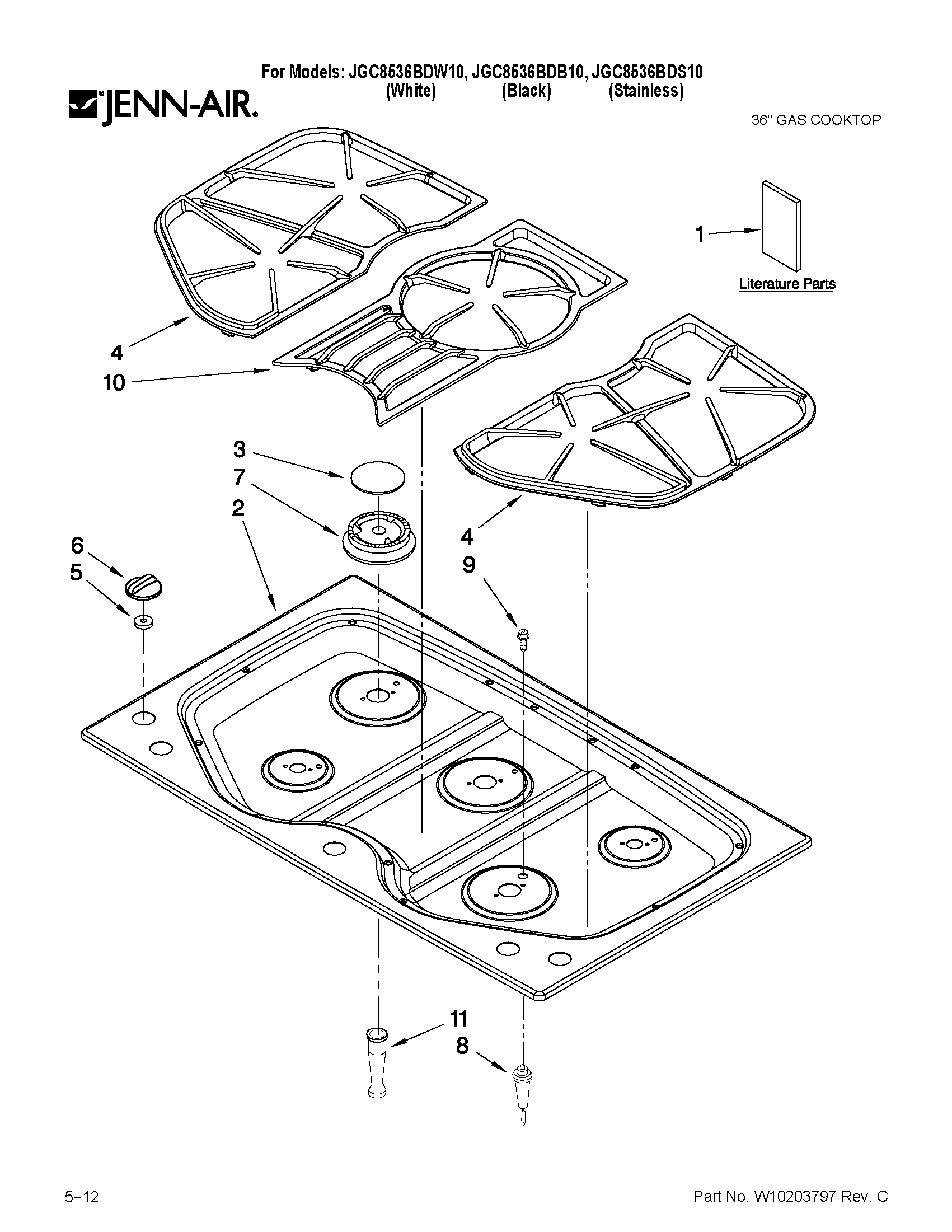 Cooktop, burner and grate parts