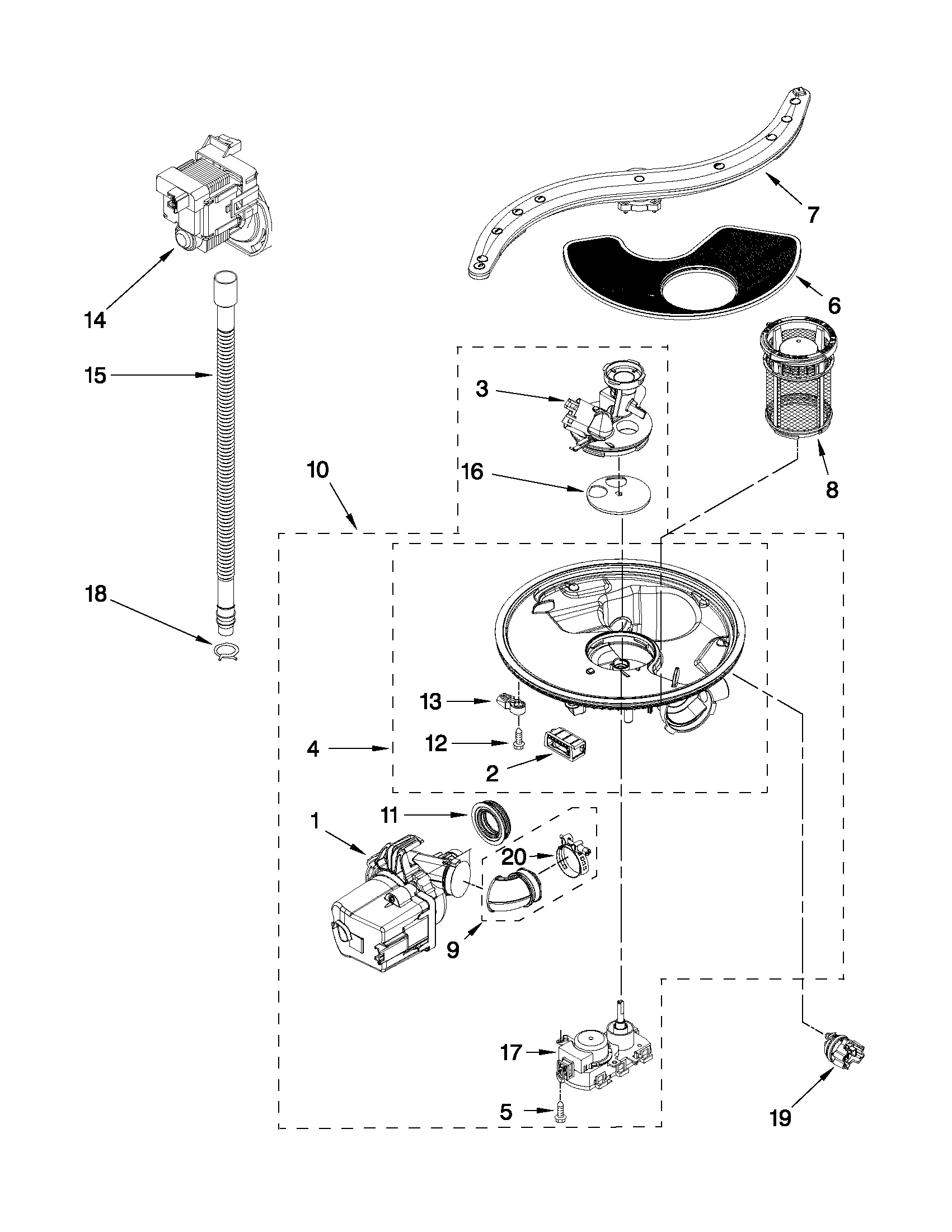 Pump, washarm and motor parts