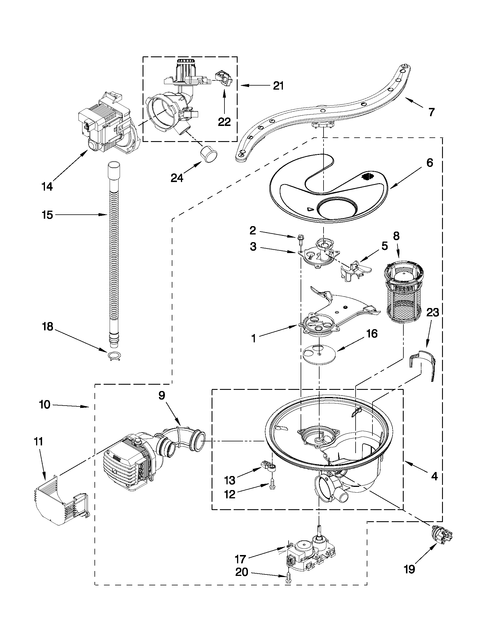 Pump, washarm and motor parts