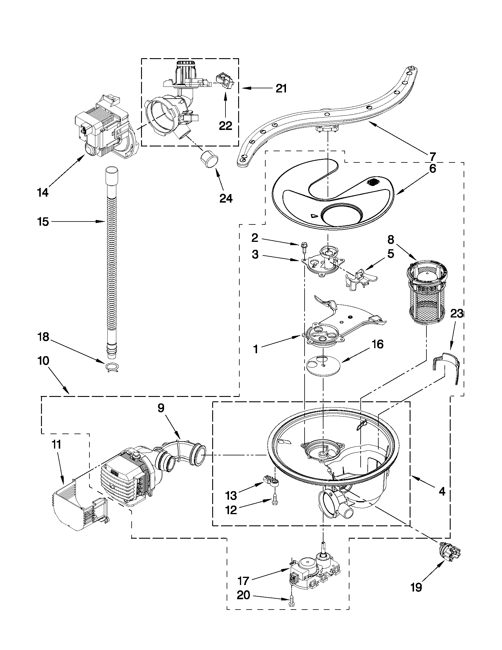 Pump, washarm and motor parts