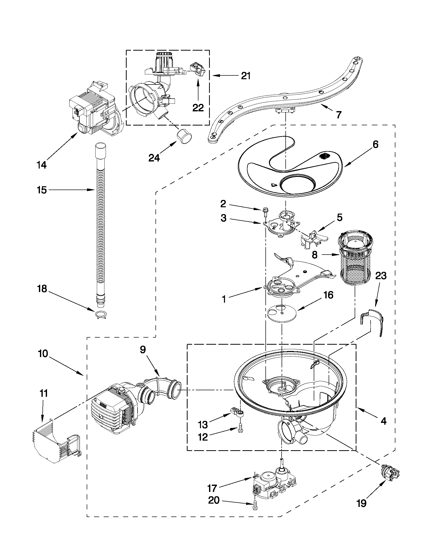 Pump, washarm and motor parts