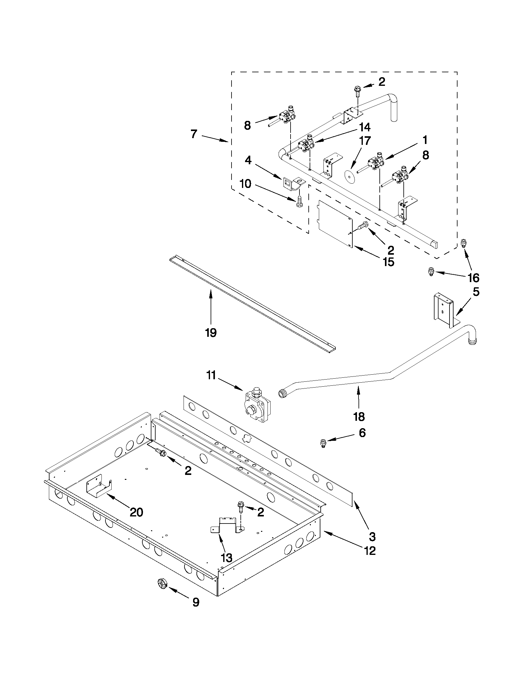 Burner box, gas valves, and switches