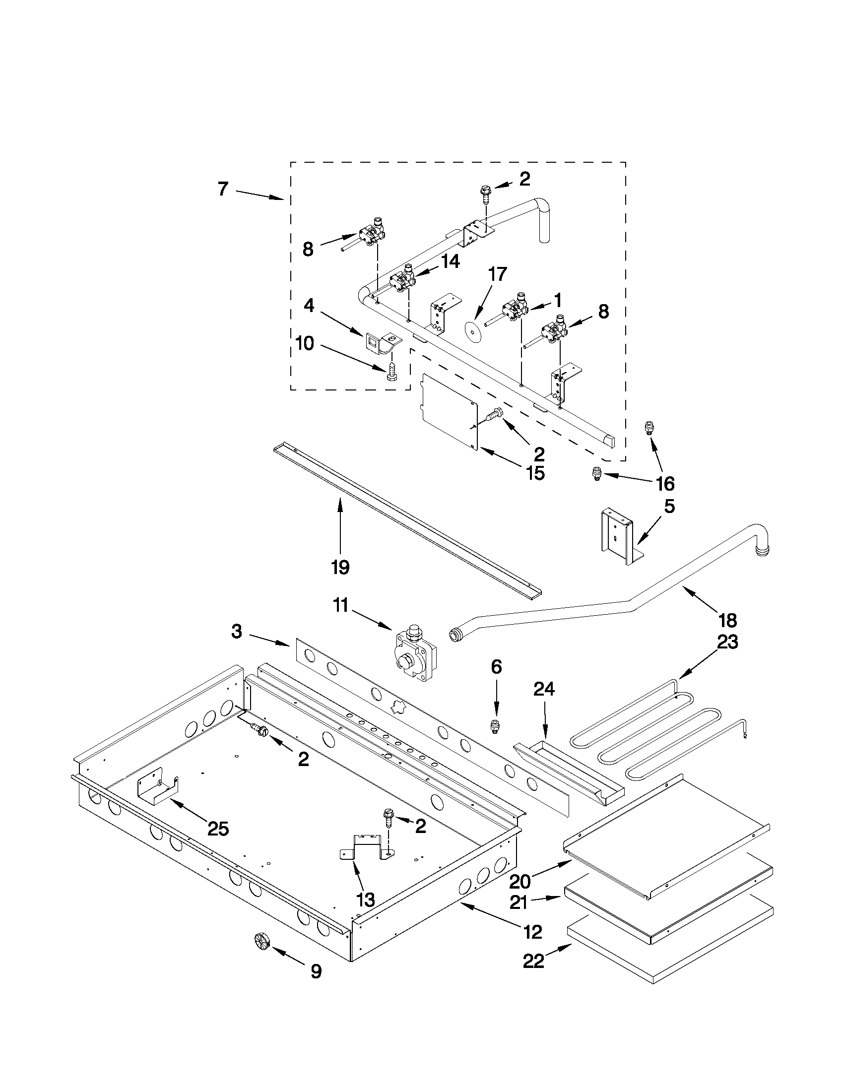 Burner box, gas valves, and switches