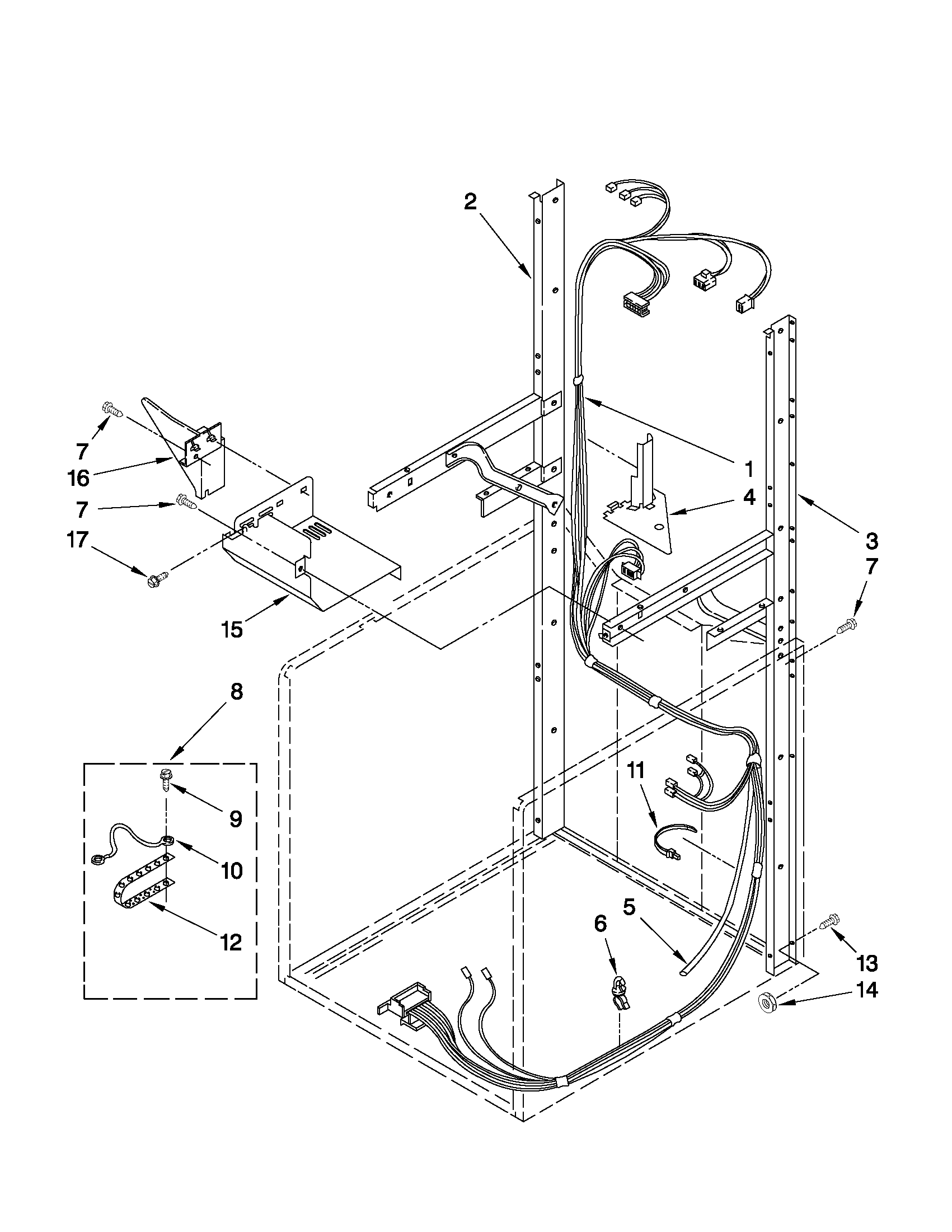 Dryer support and washer harness parts