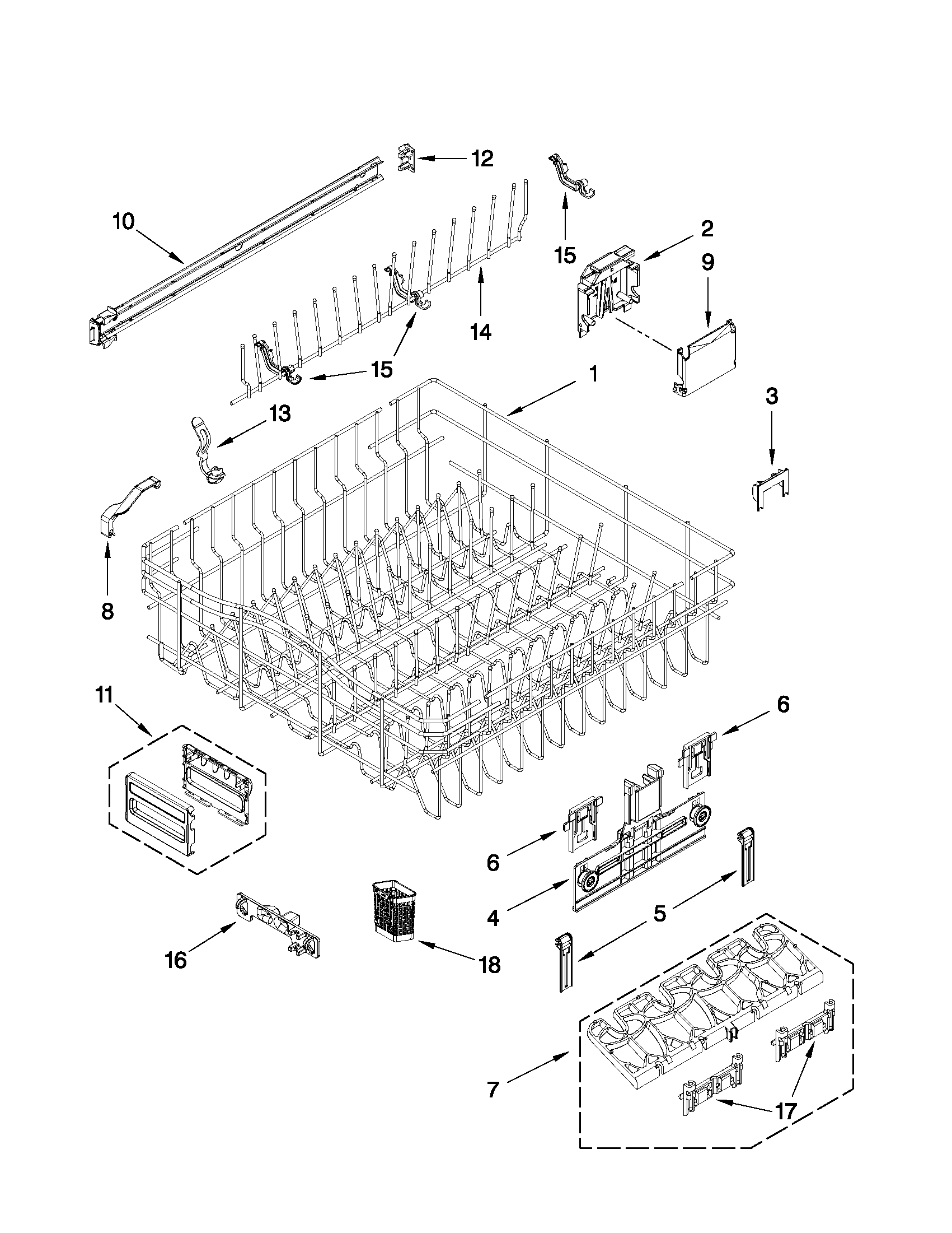 Upper rack and track parts