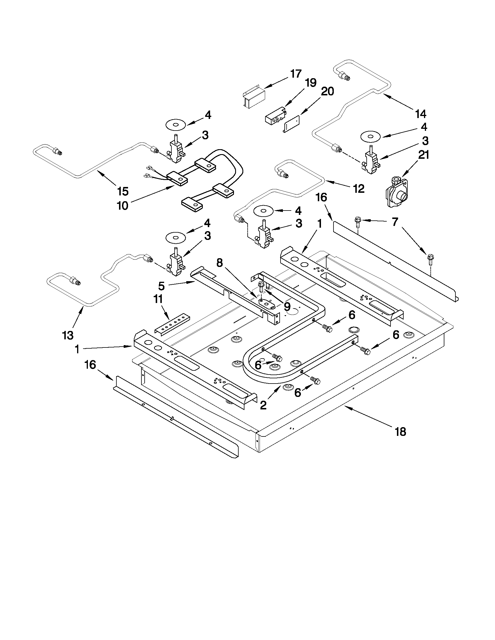 Burner box, gas valves, and switches