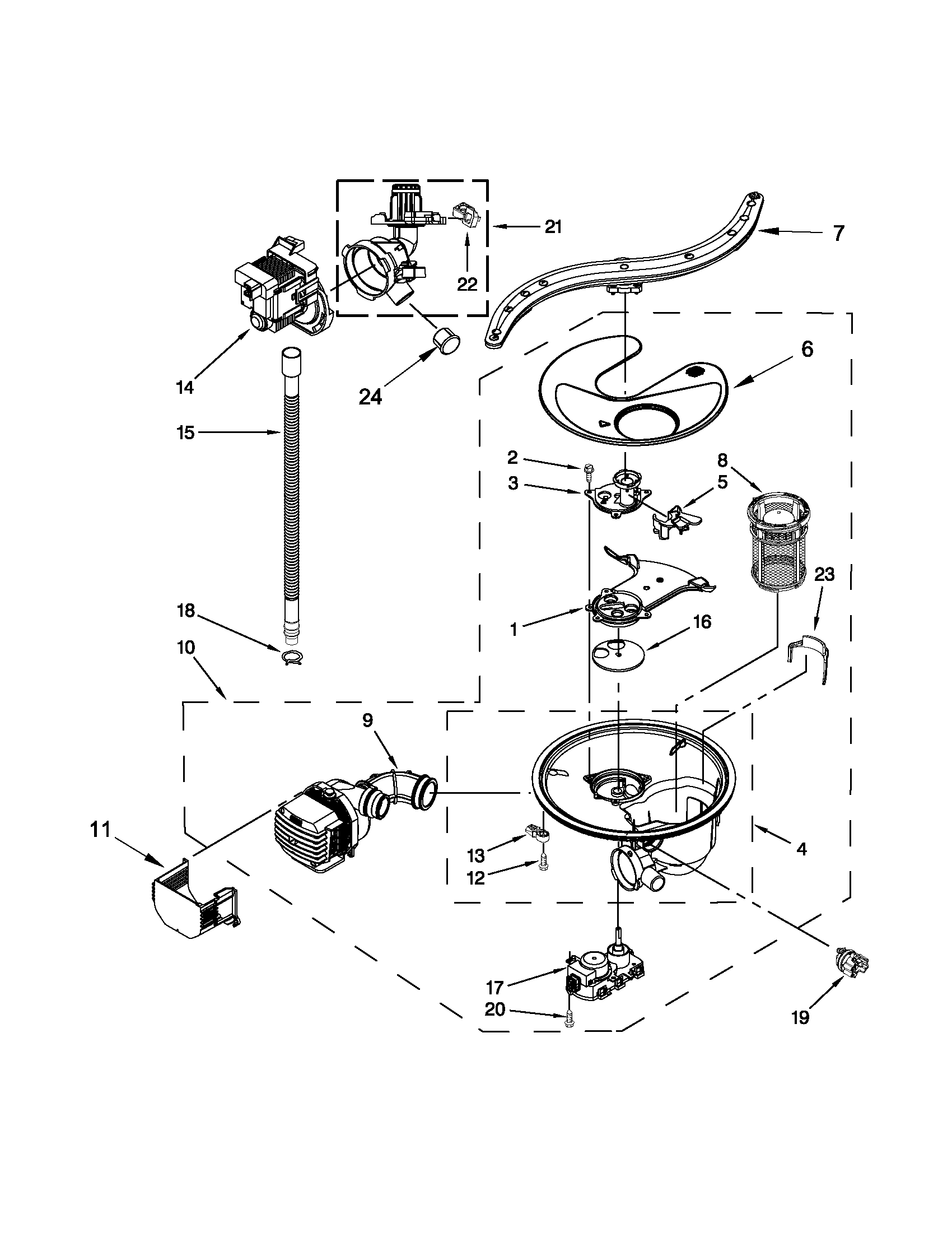 Pump, washarm and motor parts