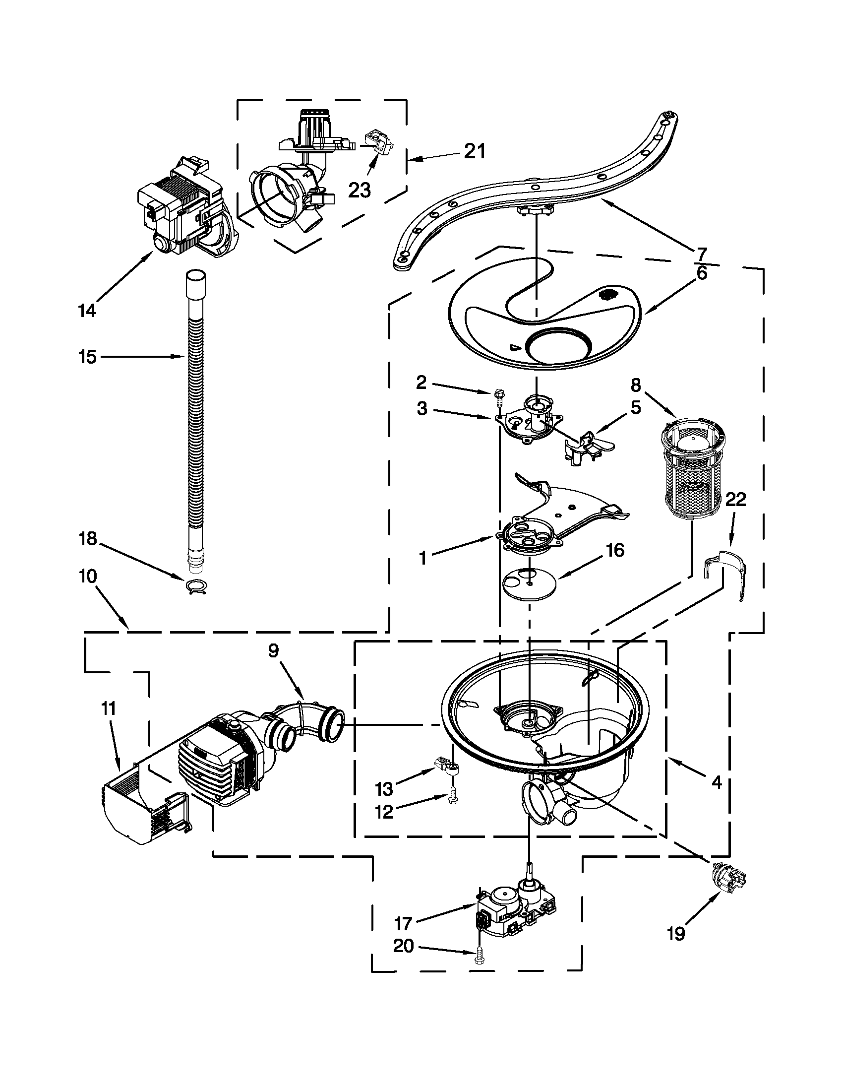 Pump, washarm and motor parts