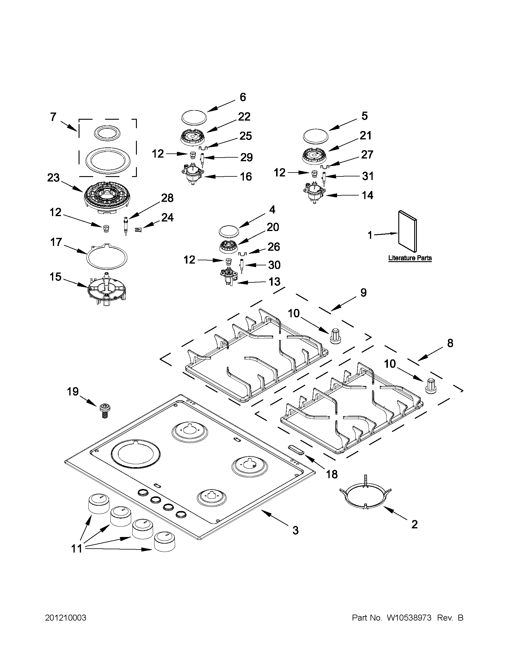 Cooktop, burner and grate parts