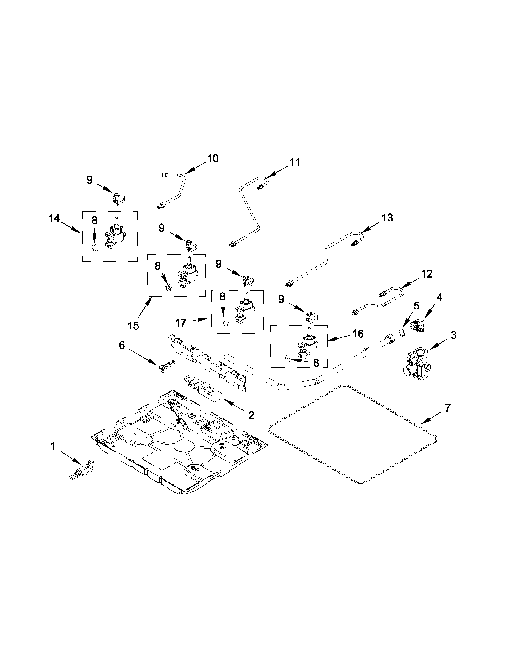 BURNER BOX, GAS VALVES AND SWITCHES