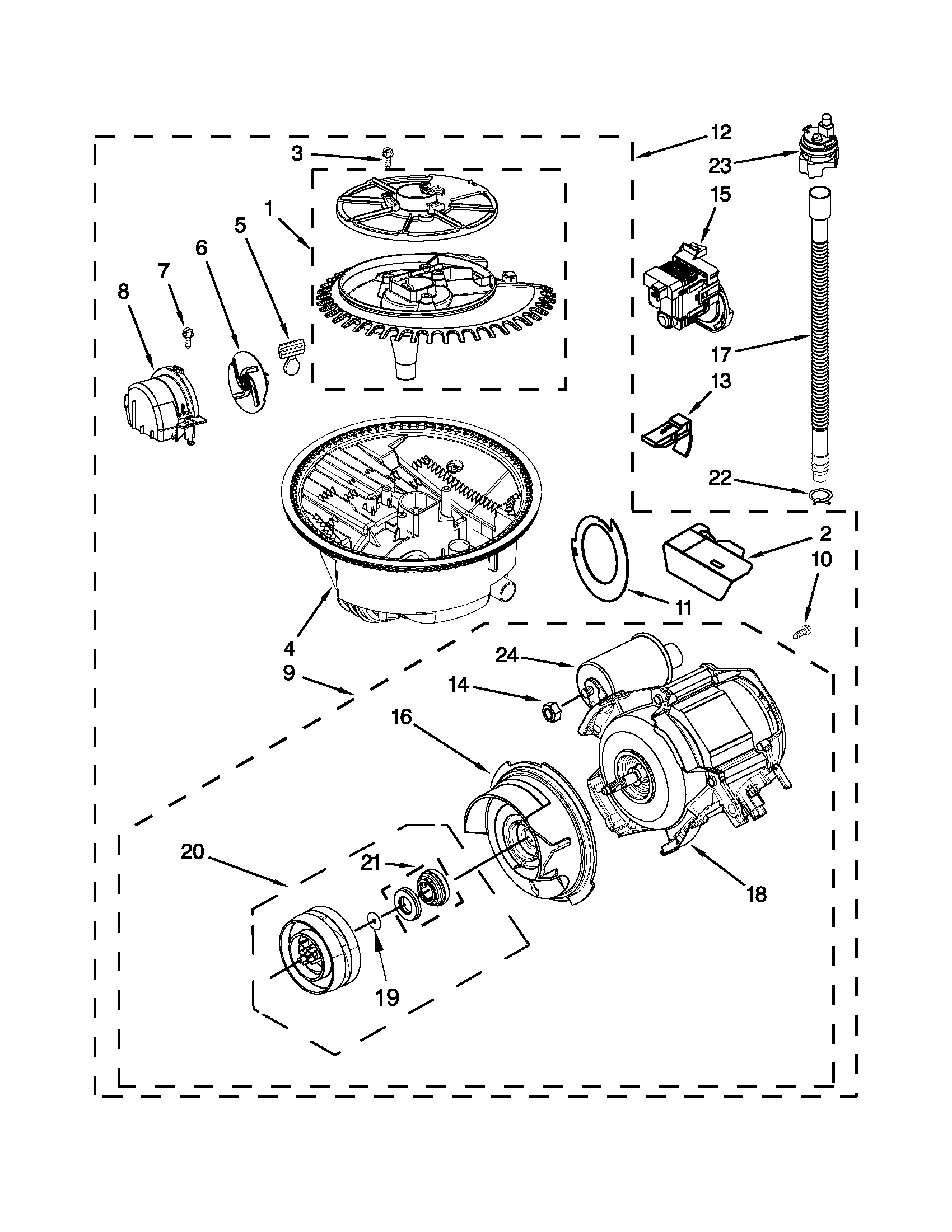 Pump, washarm and motor parts