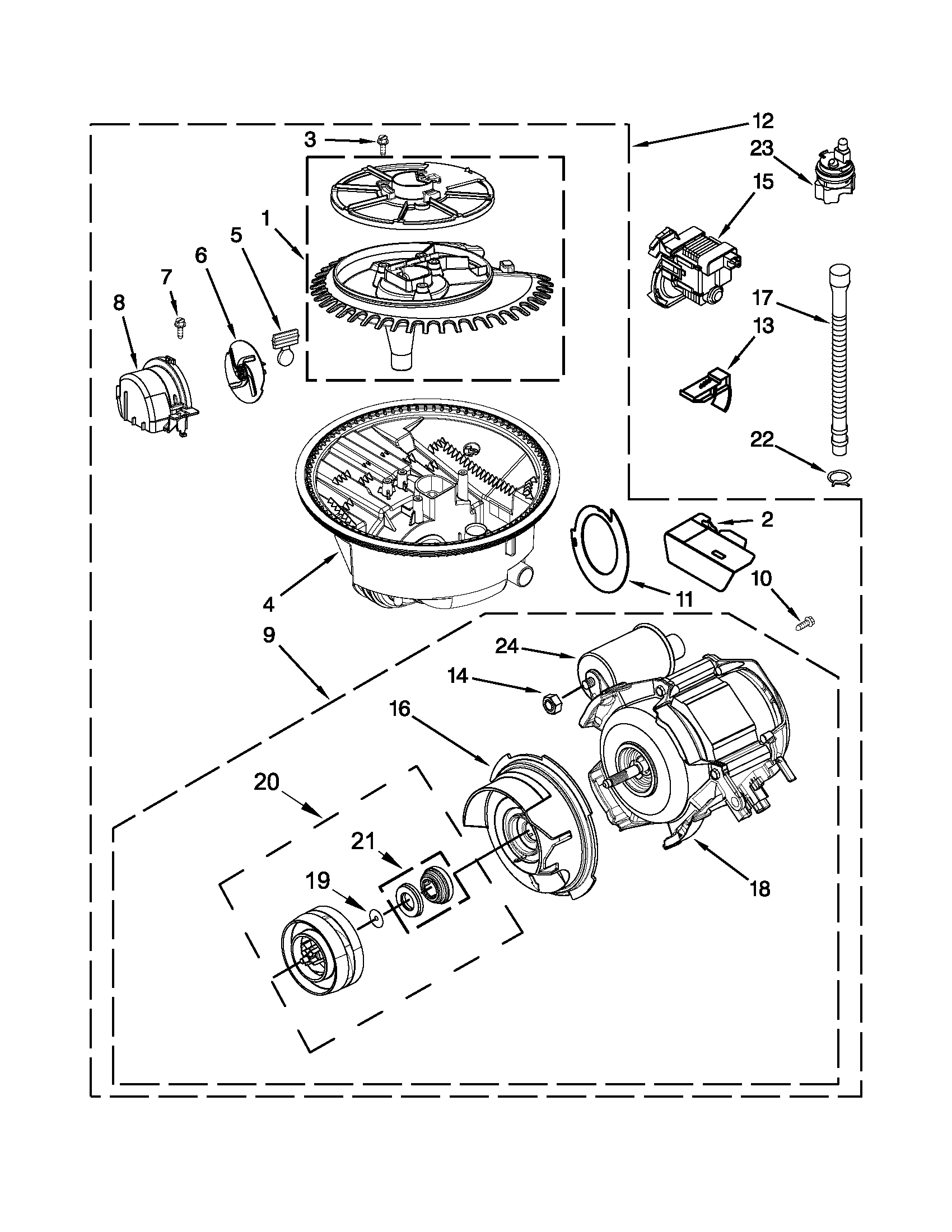 Pump, washarm and motor parts
