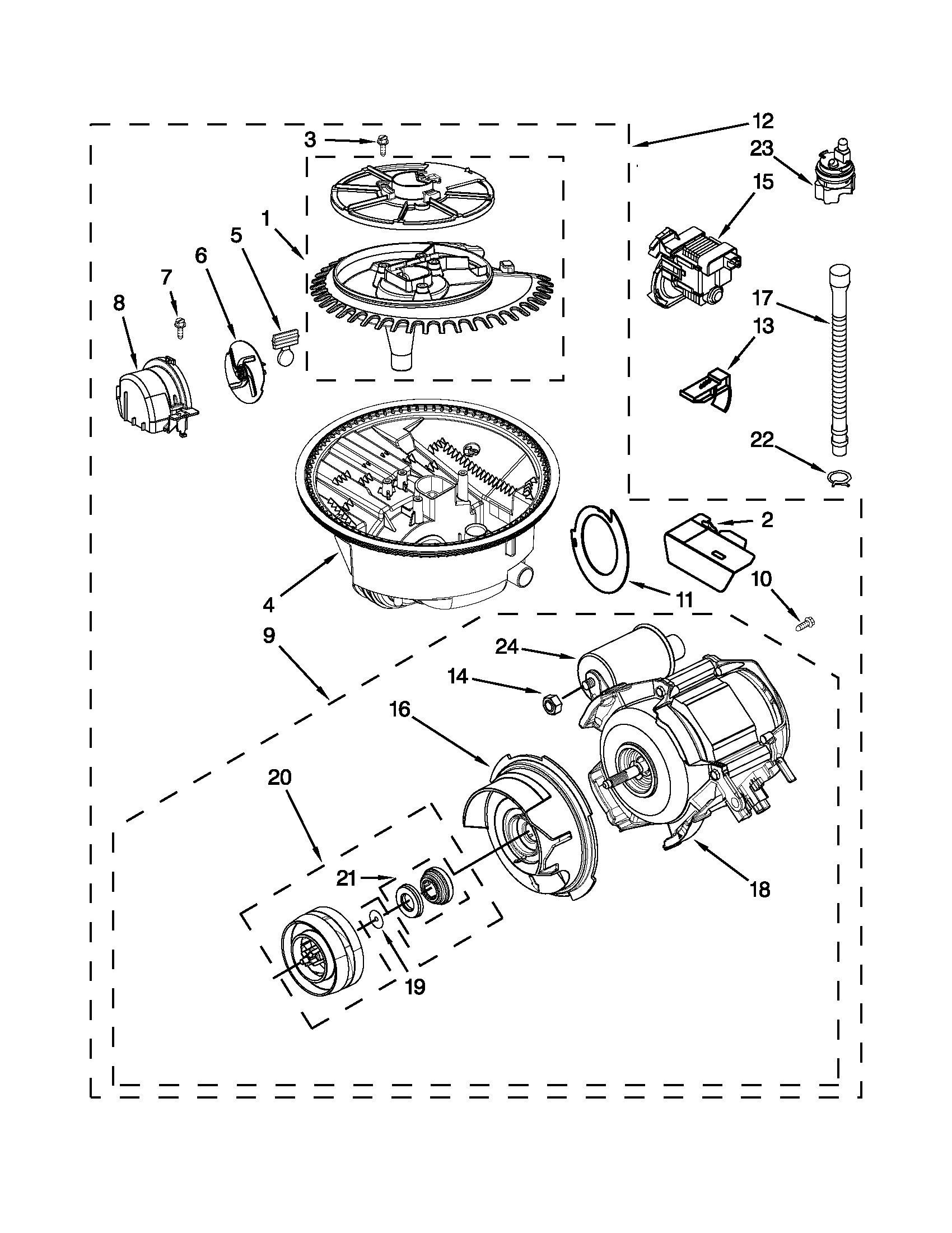 Pump, washarm and motor parts