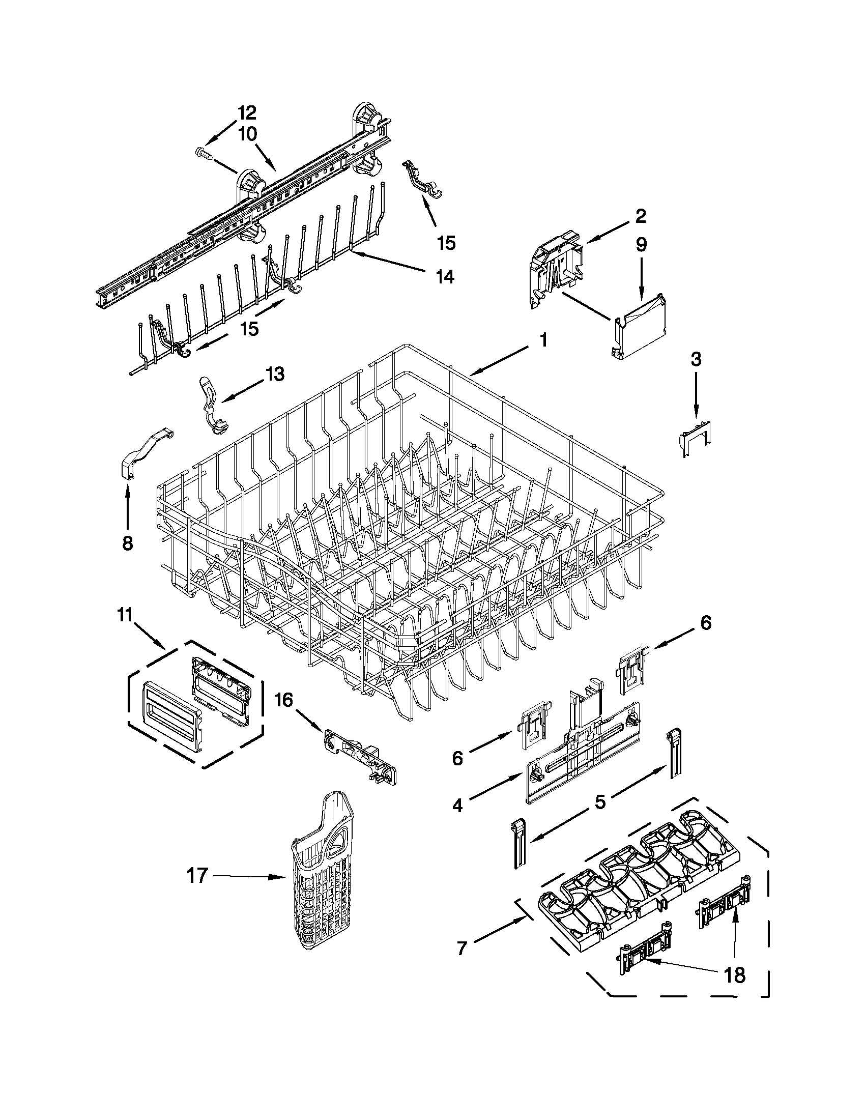 Upper rack and track parts