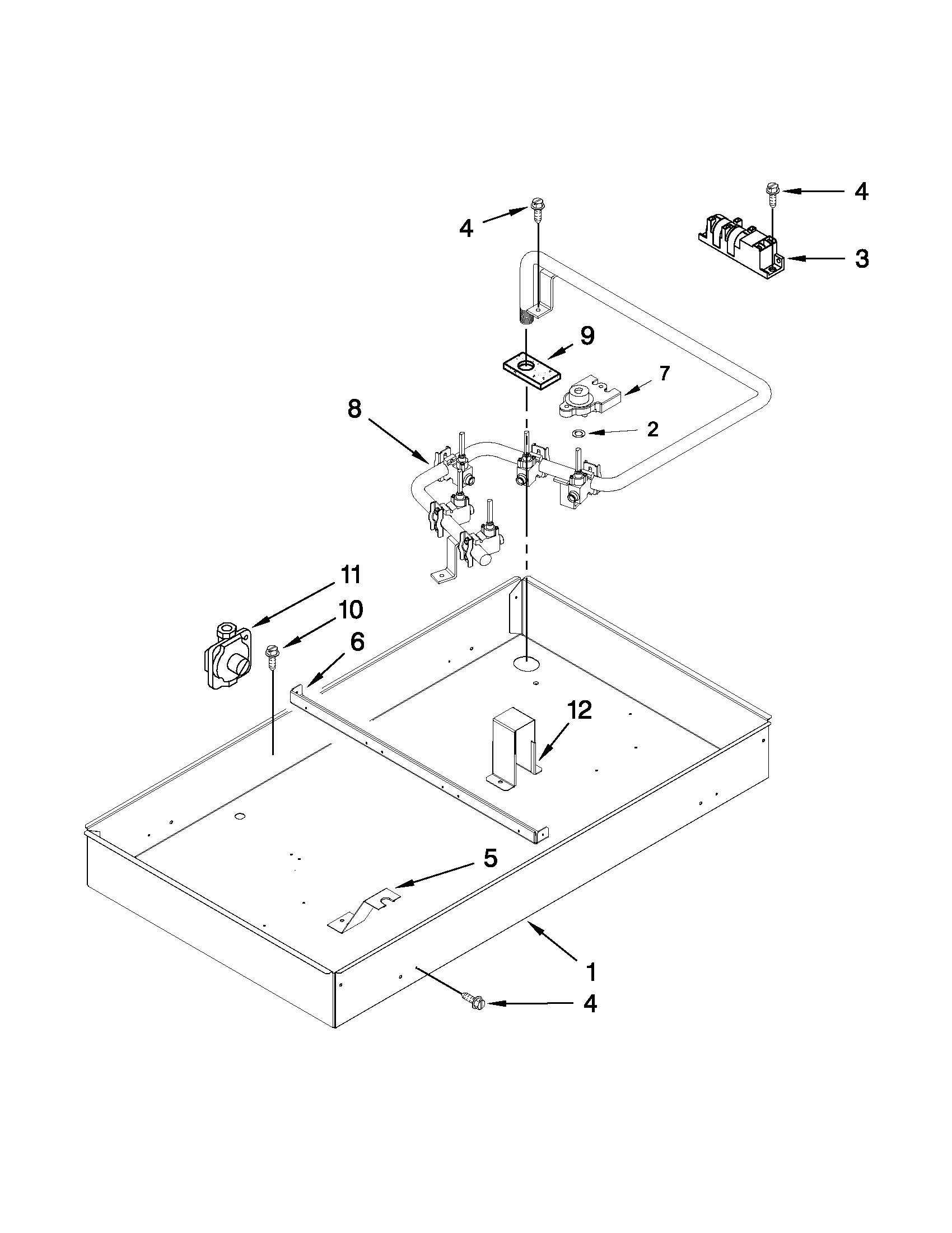 Burner box, gas valves and switches