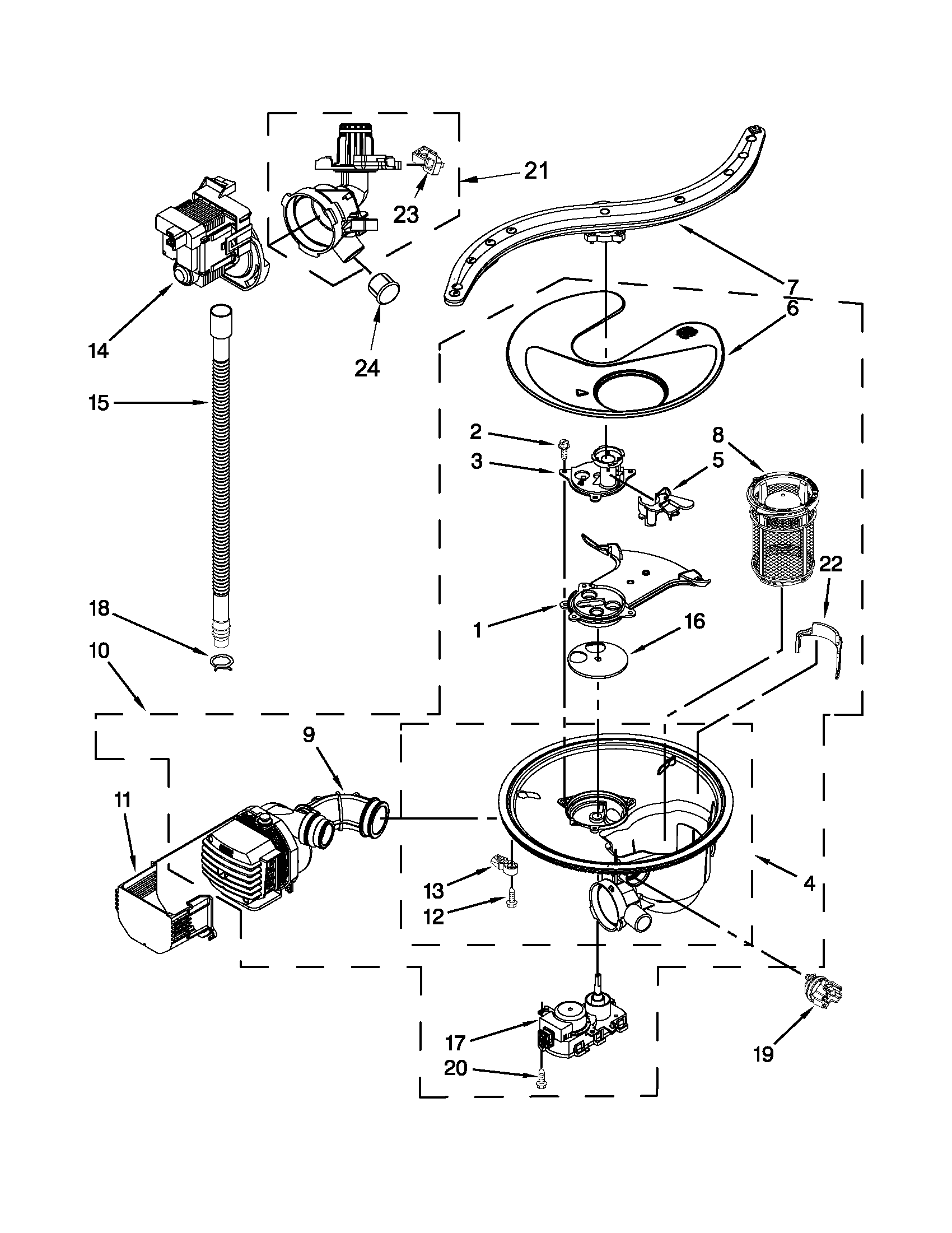 Pump, washarm and motor parts
