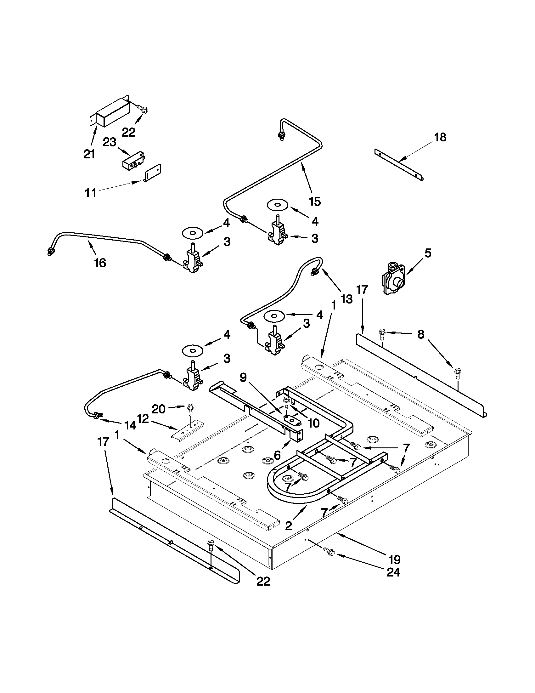 Burner box, gas valves and switches