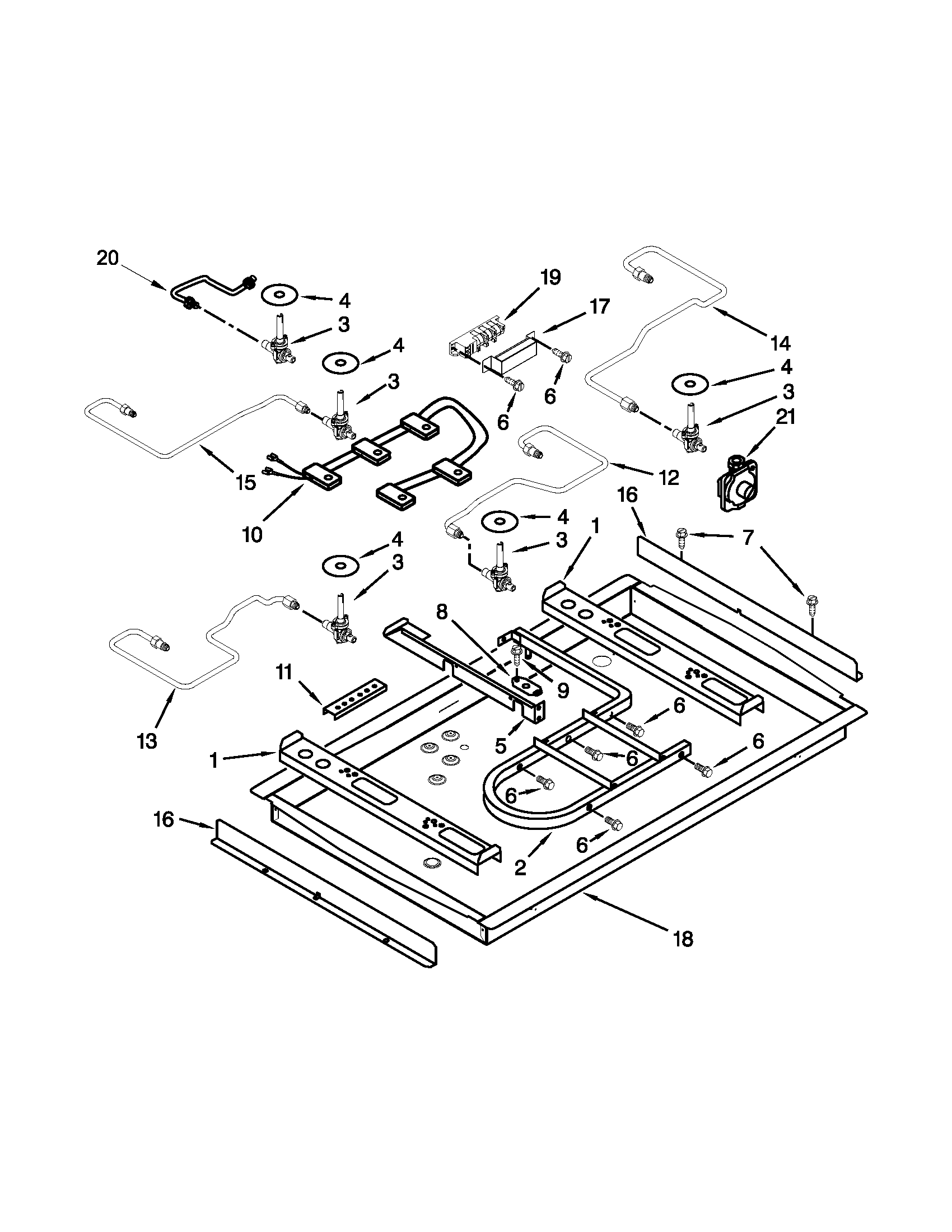 Burner box, gas valves and switches