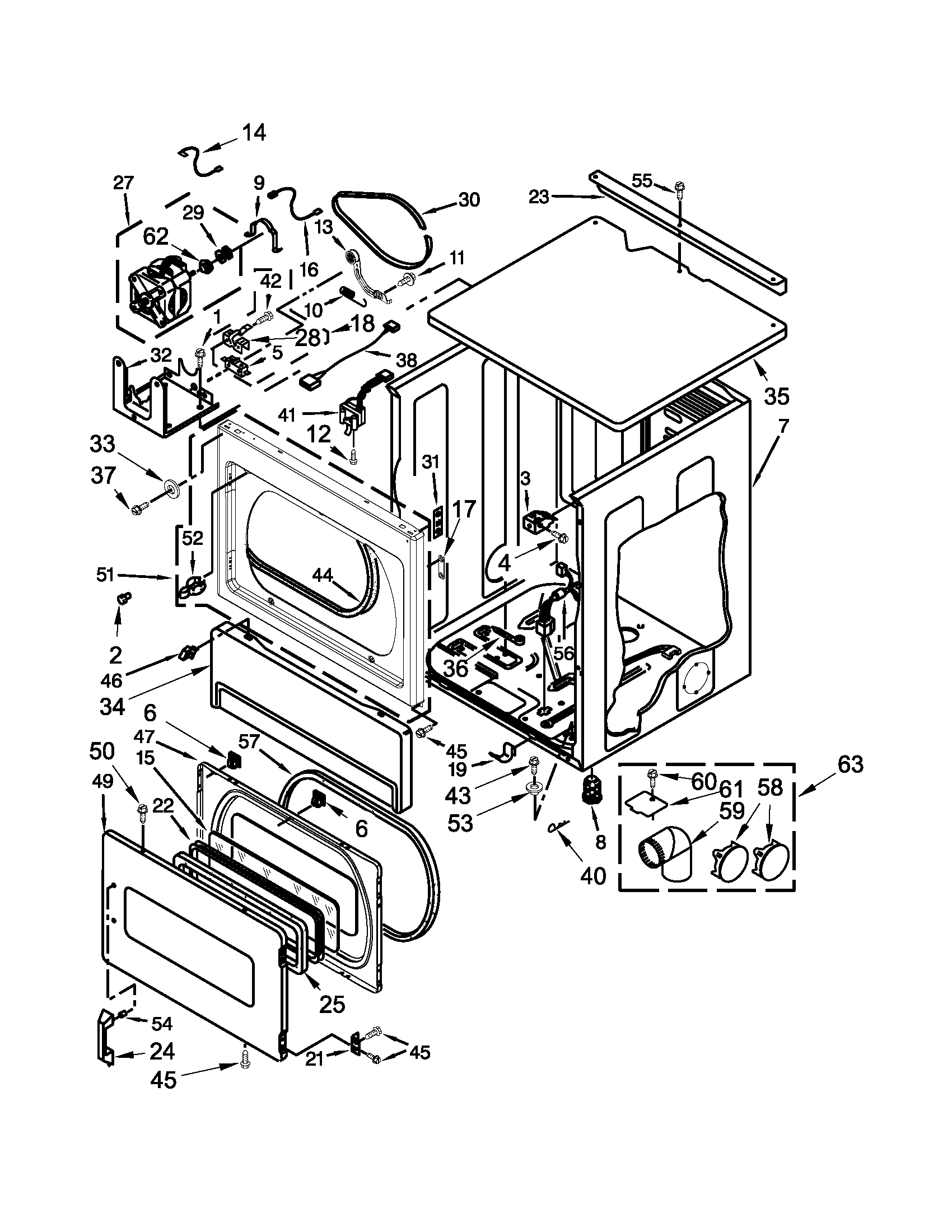 Upper cabinet and front panel parts