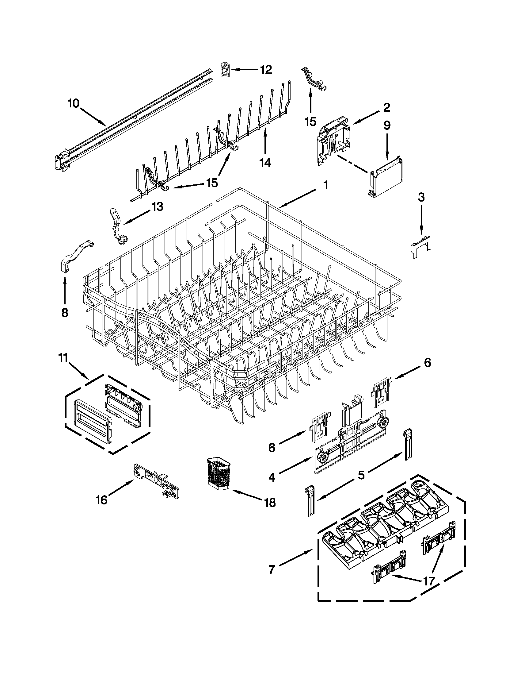 Upper rack and track parts